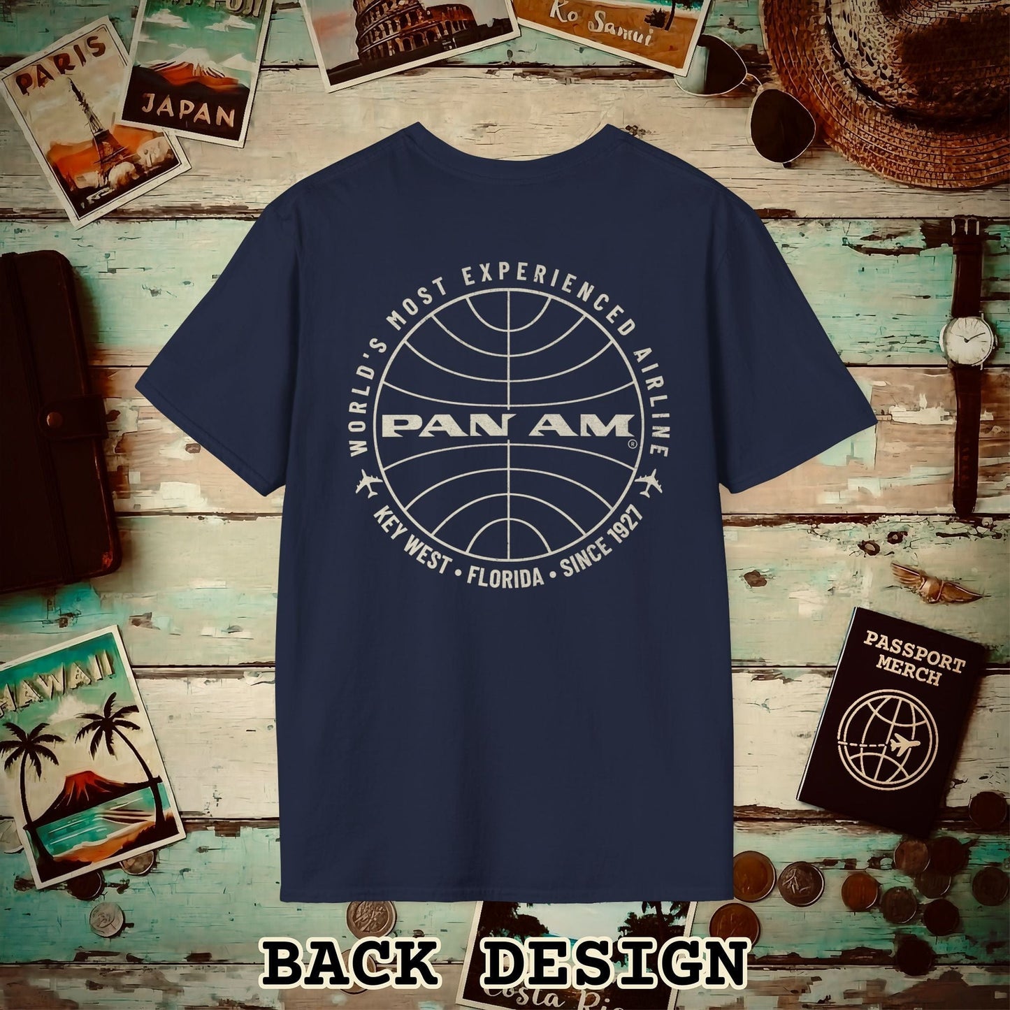Pan Am Logo Inaugural Route - Key West, Florida (OFFICIAL) Back Print T-Shirt Navy / S