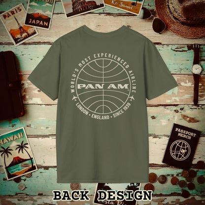 Pan Am Logo Inaugural Route - London, England (OFFICIAL) Back Print T-Shirt Military Green / S