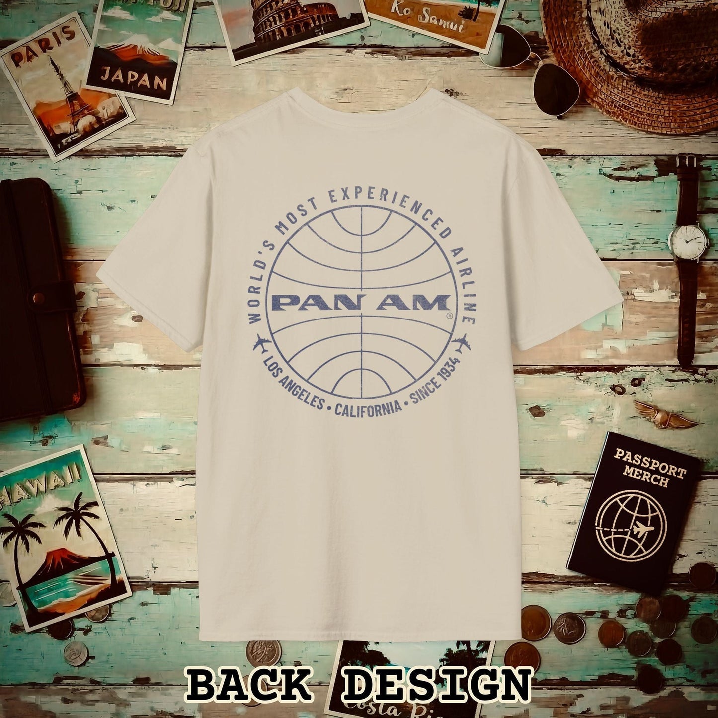 Pan Am Logo Inaugural Route - Los Angeles, California (OFFICIAL) Back Print T-Shirt Sand / S