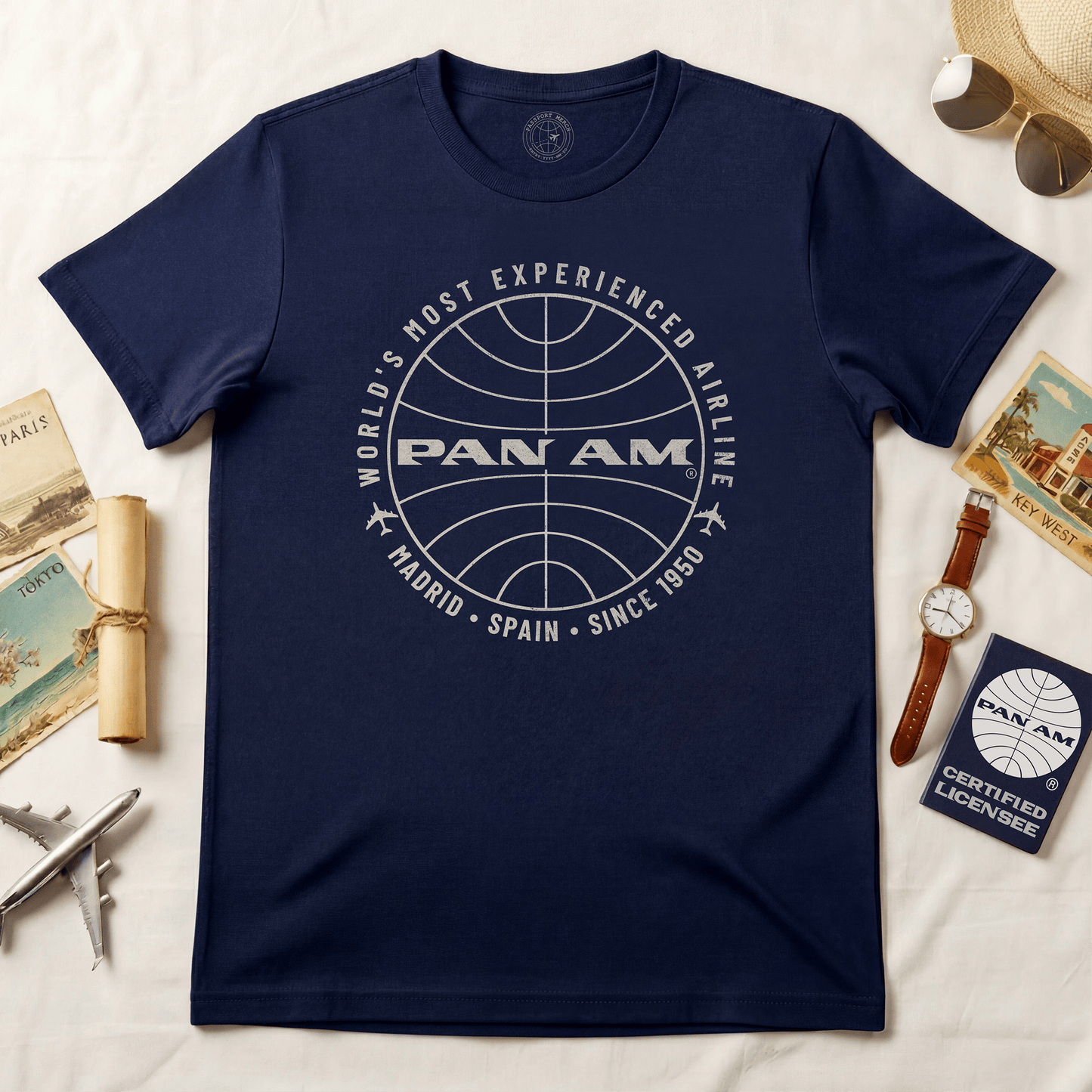Pan Am Logo Inaugural Route - Madrid, Spain (OFFICIAL) T-Shirt Navy / S