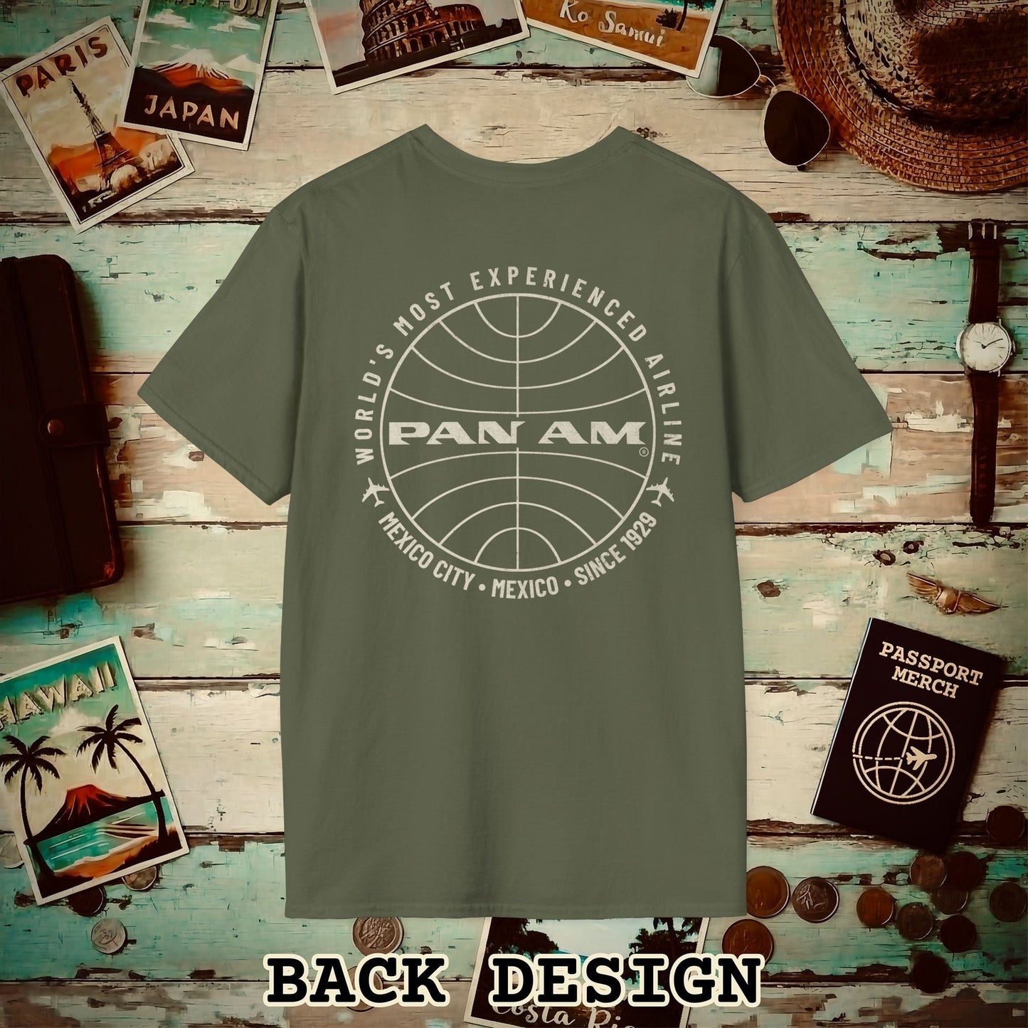 Pan Am Logo Inaugural Route - Mexico City, Mexico (OFFICIAL) Back Print T-Shirt Military Green / S