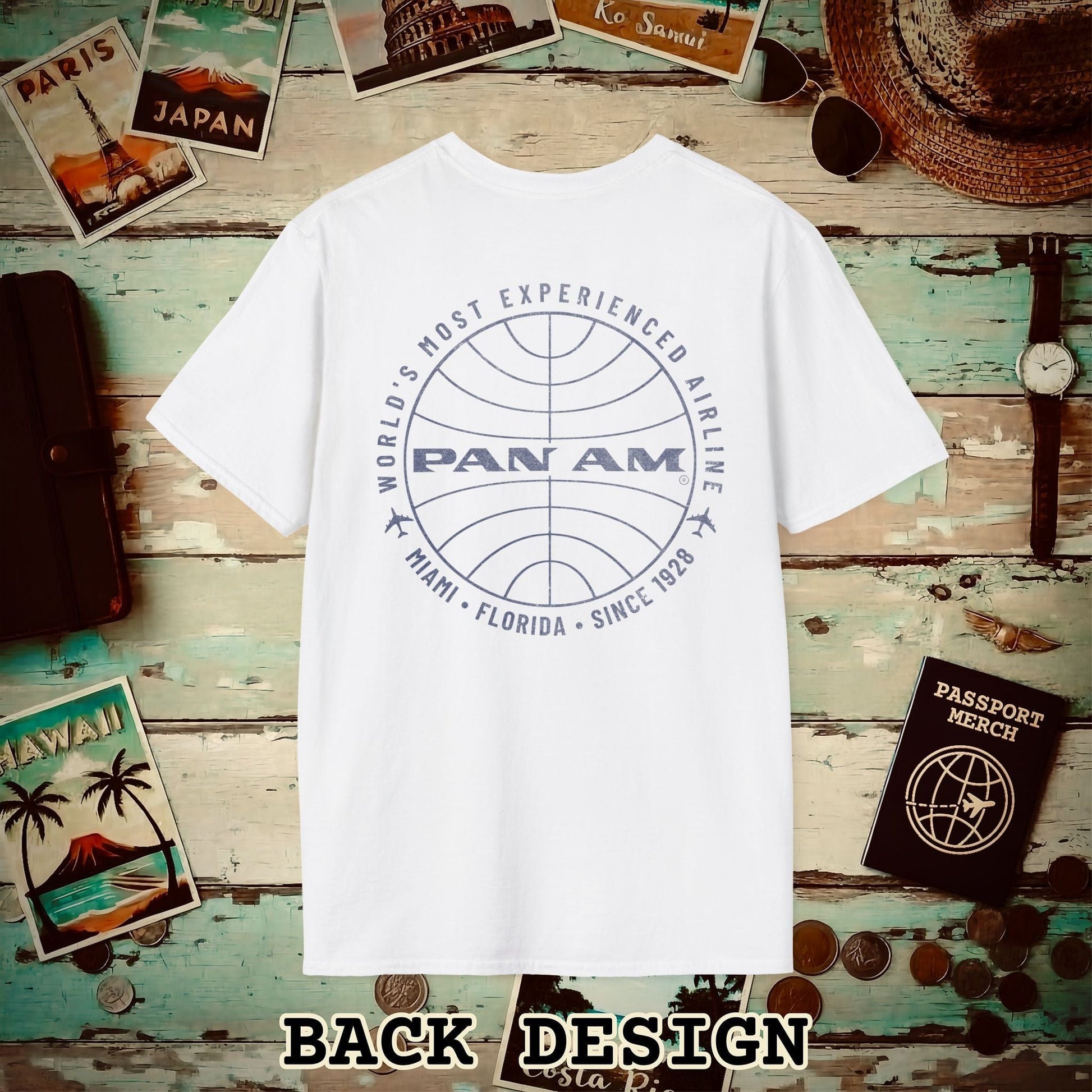 Pan Am Logo Inaugural Route - Miami, Florida (OFFICIAL) Back Print T-Shirt White / S