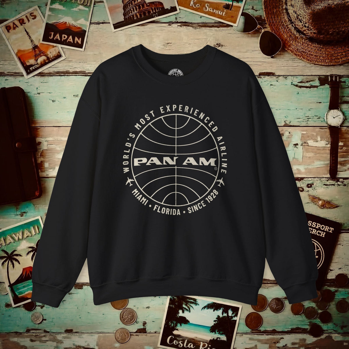 Pan Am Logo Inaugural Route - Miami, Florida (OFFICIAL) Crewneck S / Black