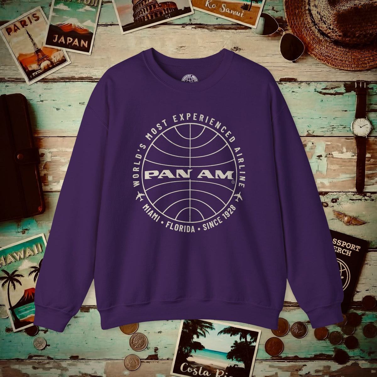 Pan Am Logo Inaugural Route - Miami, Florida (OFFICIAL) Crewneck S / Purple