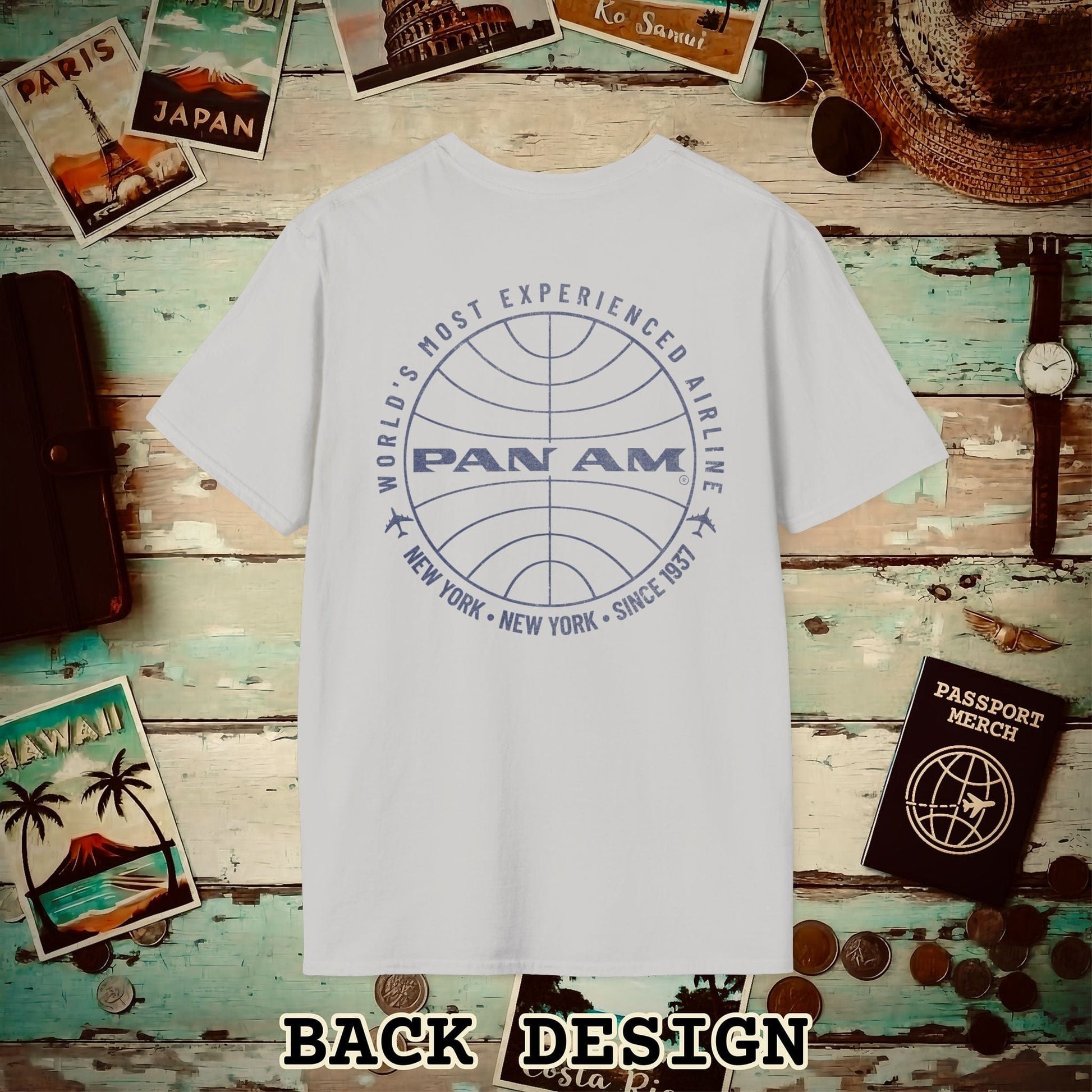 Pan Am Logo Inaugural Route - New York (OFFICIAL) Back Print T-Shirt Ice Grey / S