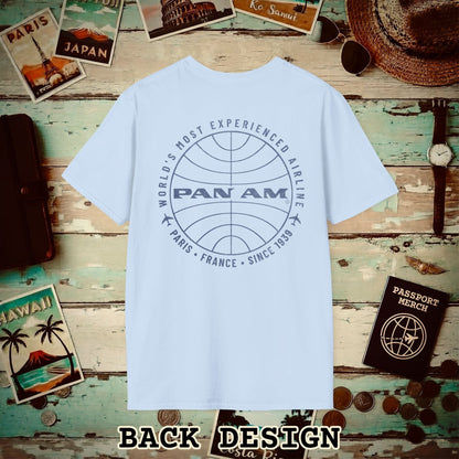 Pan Am Logo Inaugural Route - Paris, France (OFFICIAL) Back Print T-Shirt Light Blue / S