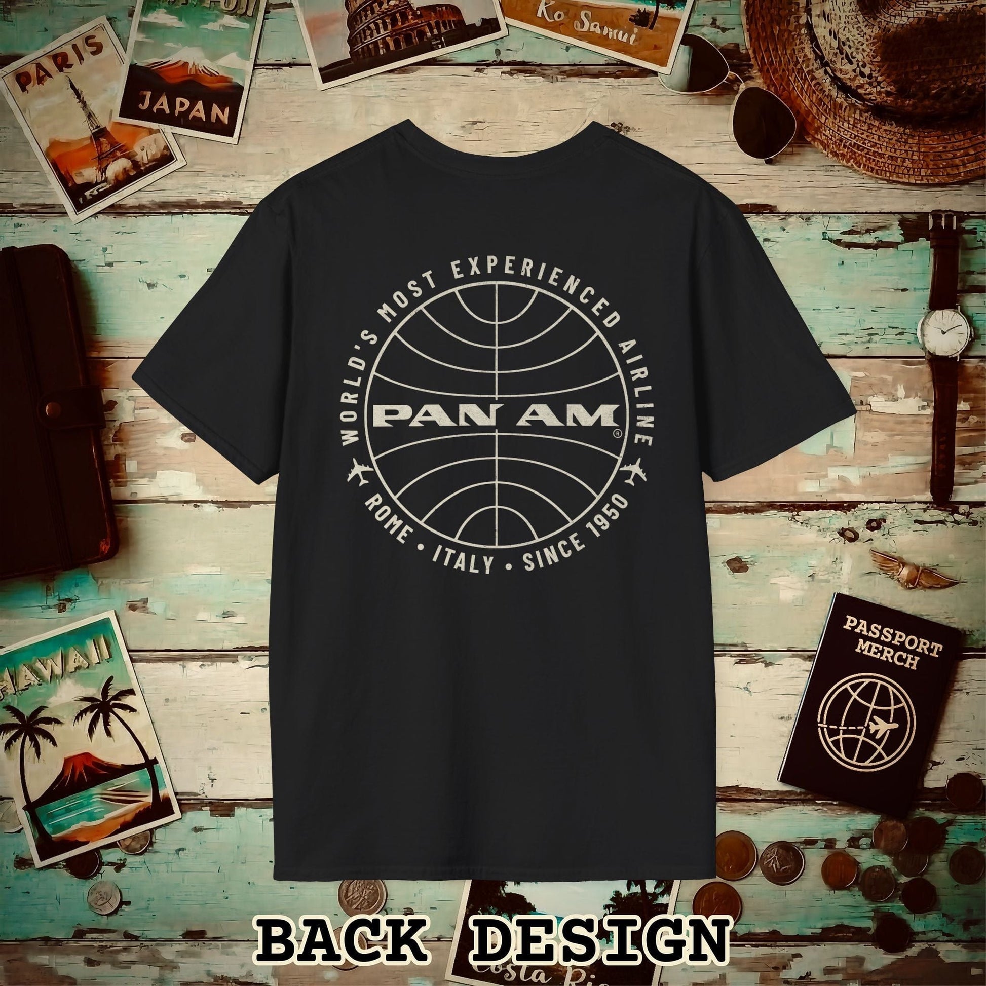 Pan Am Logo Inaugural Route - Rome, Italy (OFFICIAL) Back Print T-Shirt Black / S