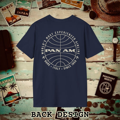 Pan Am Logo Inaugural Route - Rome, Italy (OFFICIAL) Back Print T-Shirt Navy / S