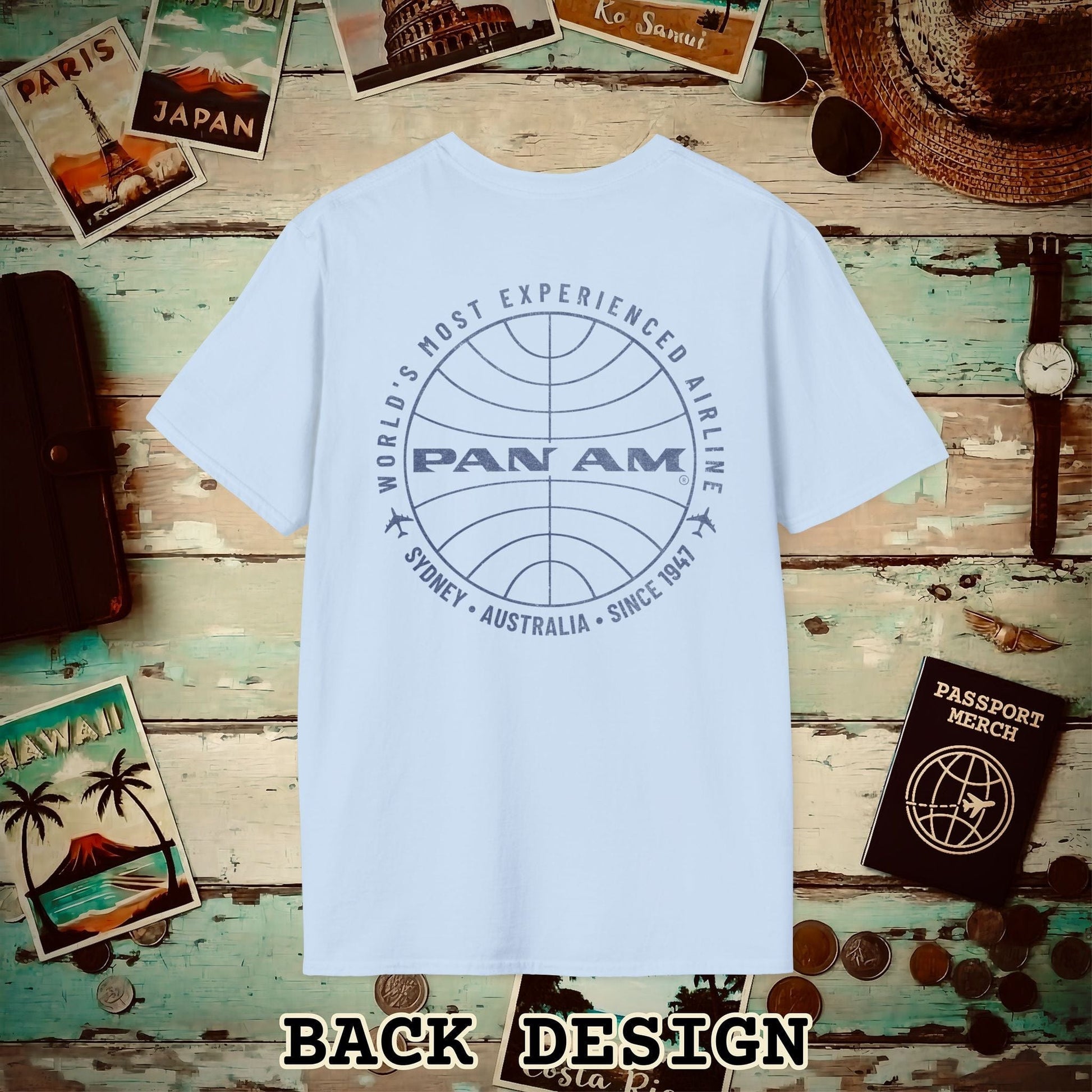 Pan Am Logo Inaugural Route - Sydney, Australia (OFFICIAL) Back Print T-Shirt Light Blue / S