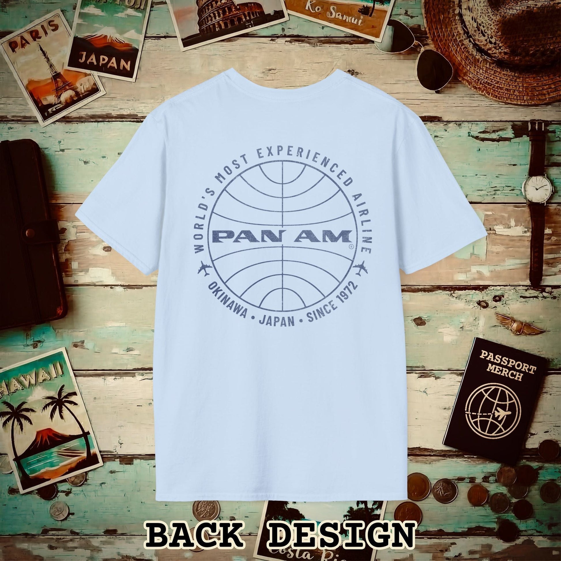Pan Am Logo - Okinawa, Japan (OFFICIAL) Back Print T-Shirt Light Blue / S