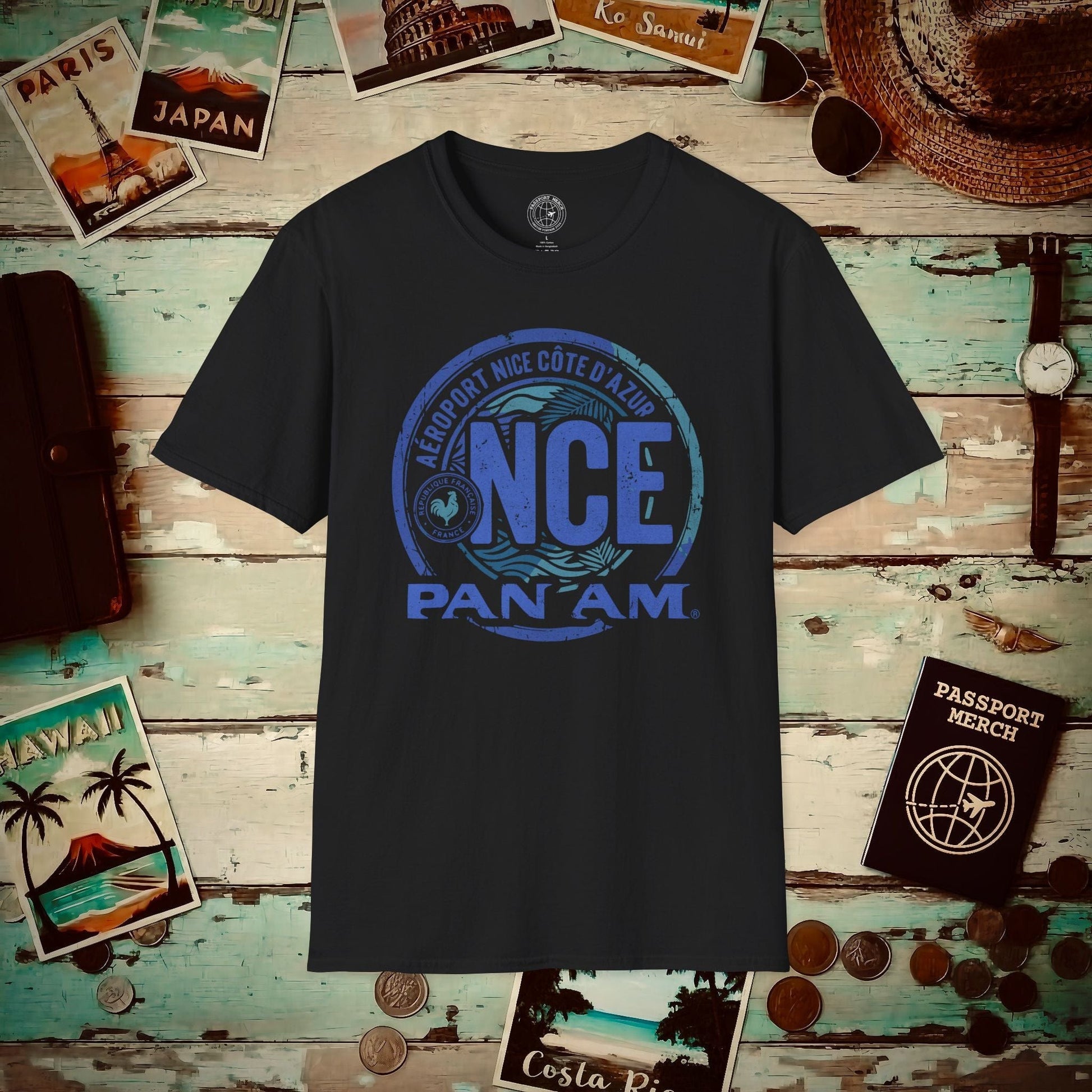 Pan Am NCE, Nice, France Vintage Airport Code (OFFICIAL) T-Shirt Black / S