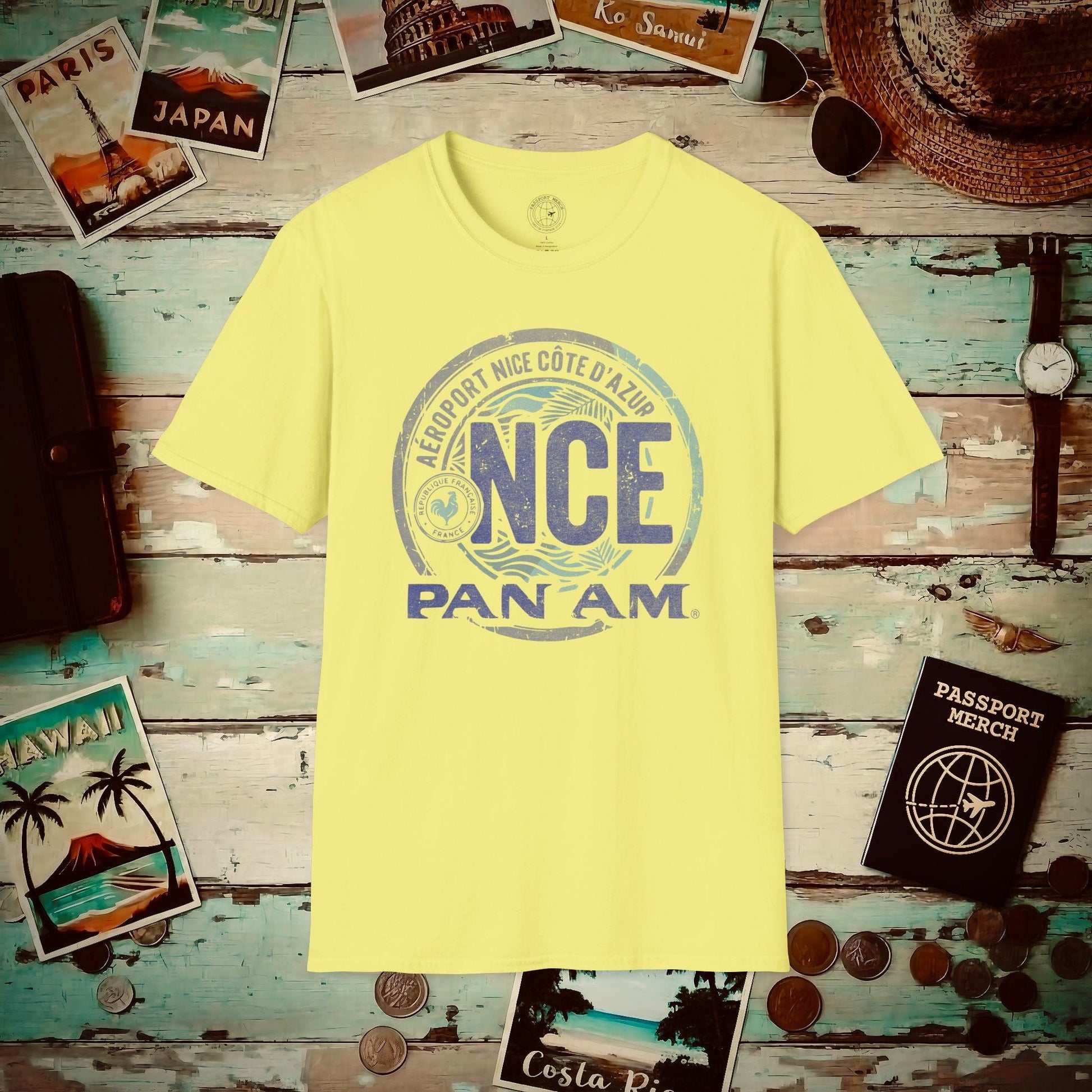 Pan Am NCE, Nice, France Vintage Airport Code (OFFICIAL) T-Shirt Cornsilk / S