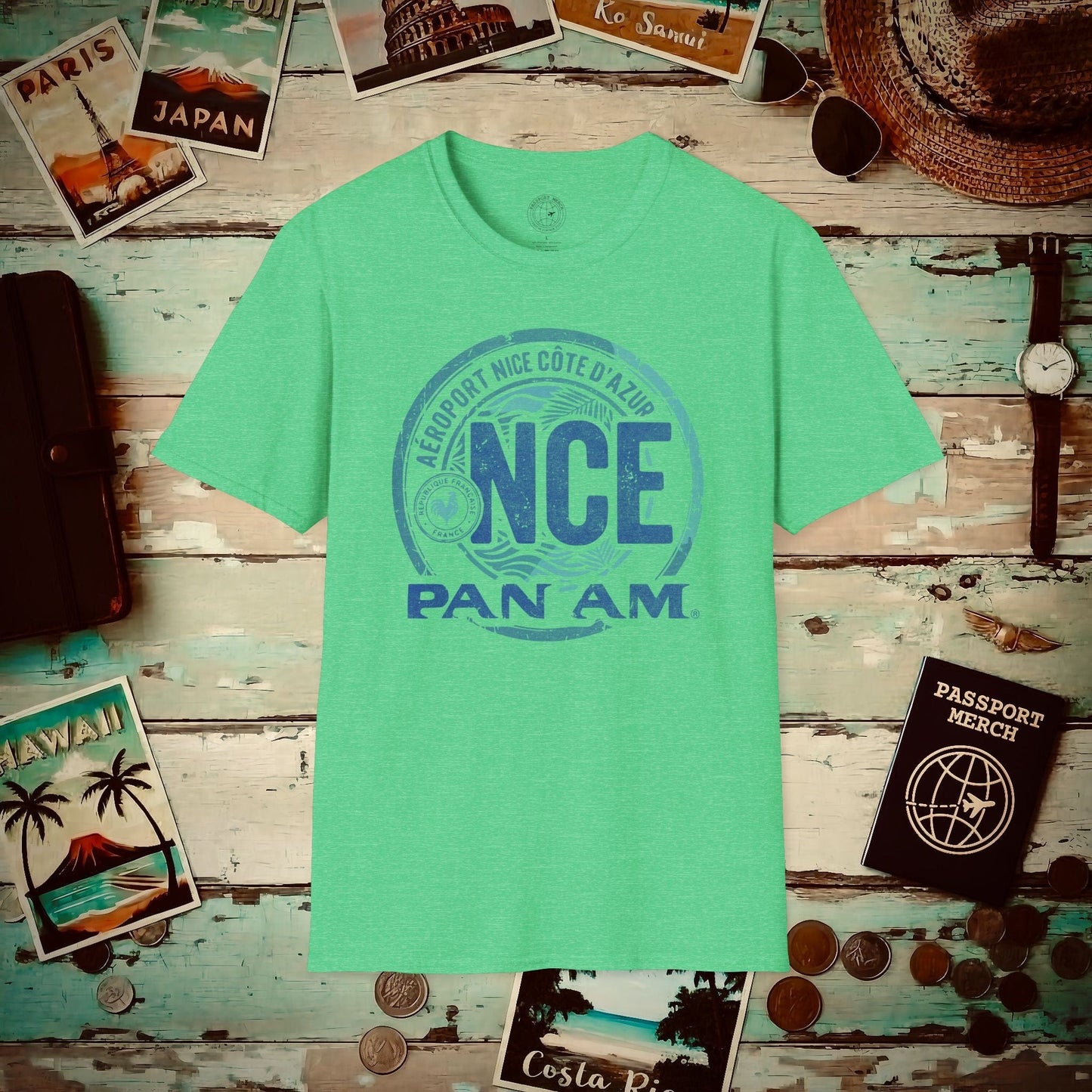 Pan Am NCE, Nice, France Vintage Airport Code (OFFICIAL) T-Shirt Heather Irish Green / S