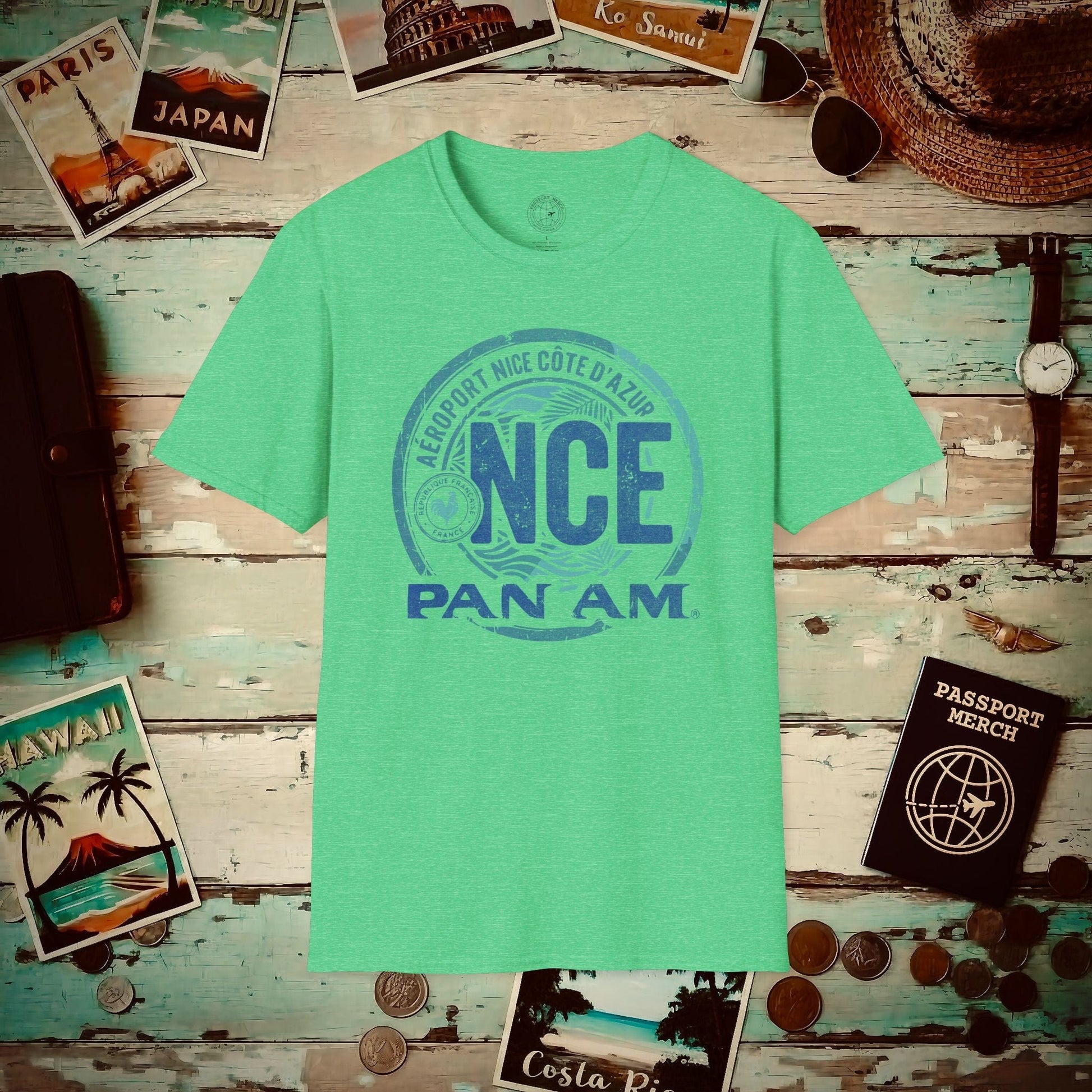 Pan Am NCE, Nice, France Vintage Airport Code (OFFICIAL) T-Shirt Heather Irish Green / S