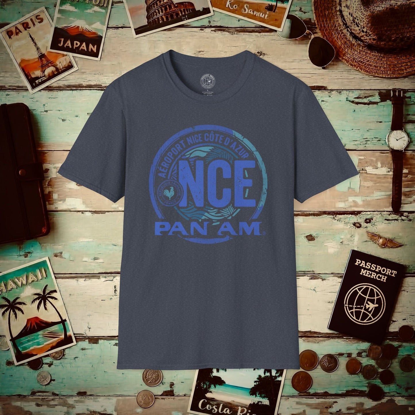 Pan Am NCE, Nice, France Vintage Airport Code (OFFICIAL) T-Shirt Heather Navy / S