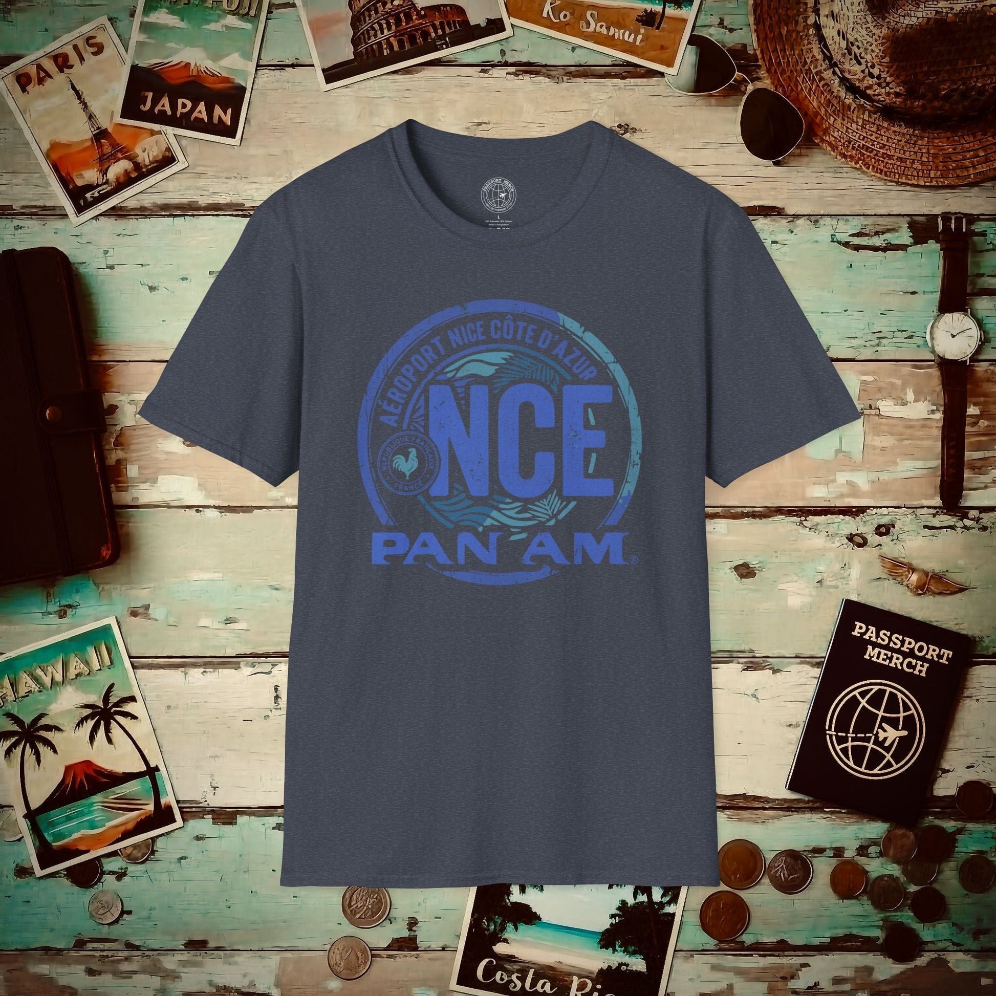 Pan Am NCE, Nice, France Vintage Airport Code (OFFICIAL) T-Shirt Heather Navy / S