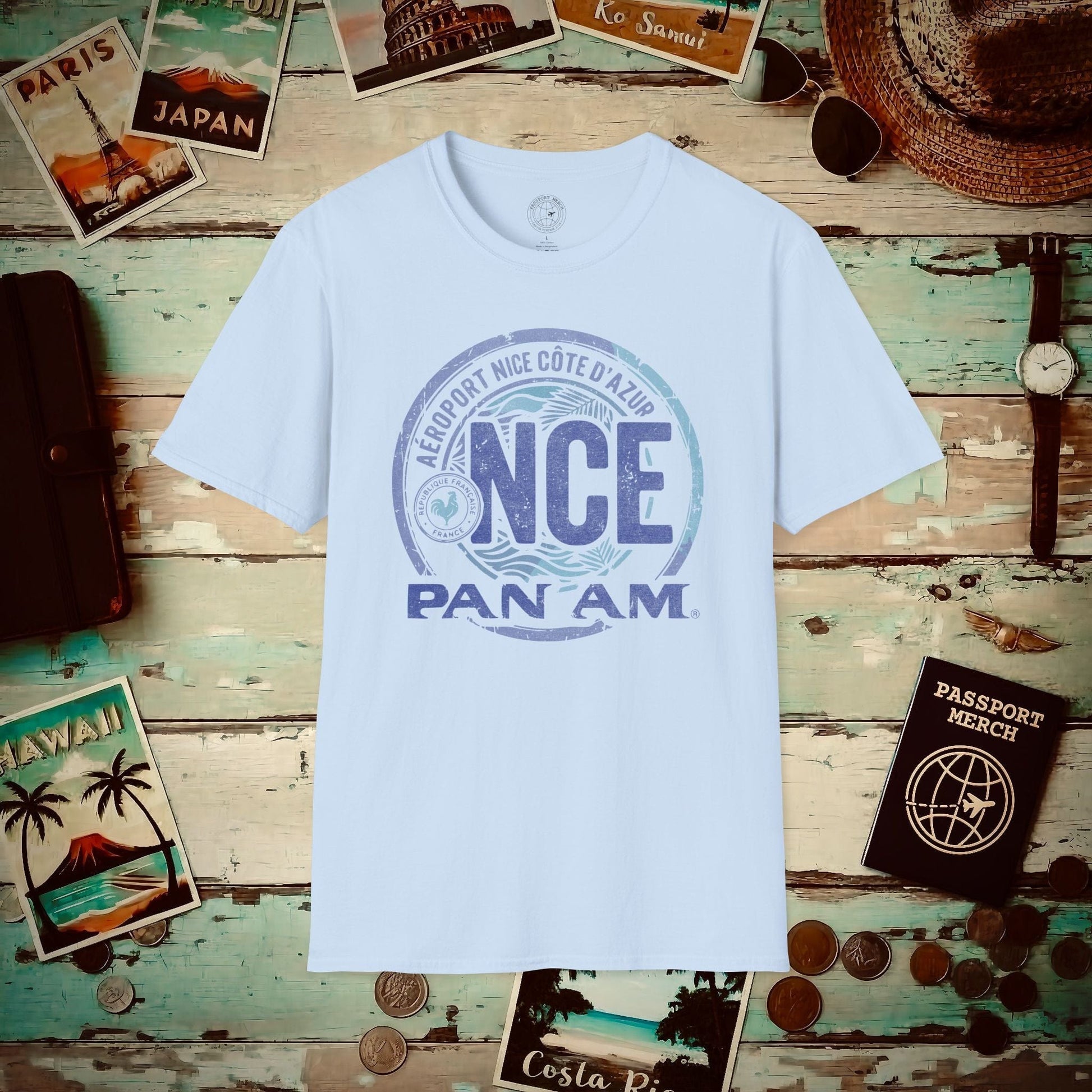 Pan Am NCE, Nice, France Vintage Airport Code (OFFICIAL) T-Shirt Light Blue / S