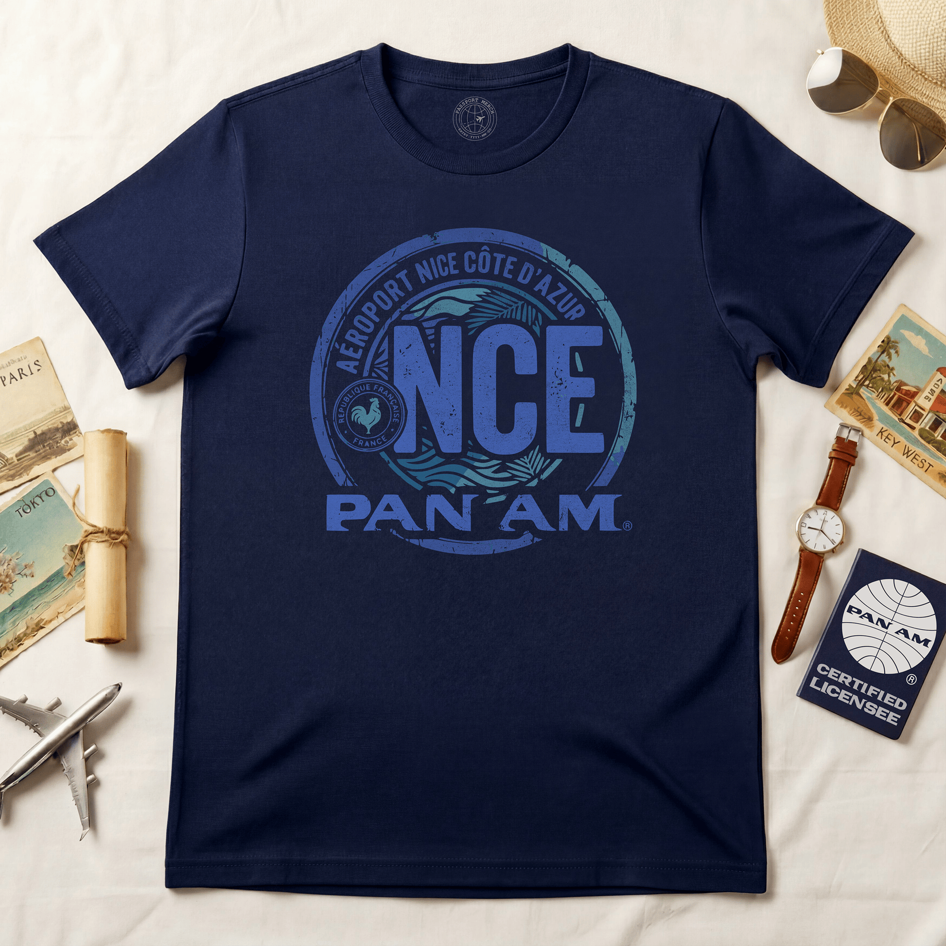 Pan Am NCE, Nice, France Vintage Airport Code (OFFICIAL) T-Shirt Navy / S