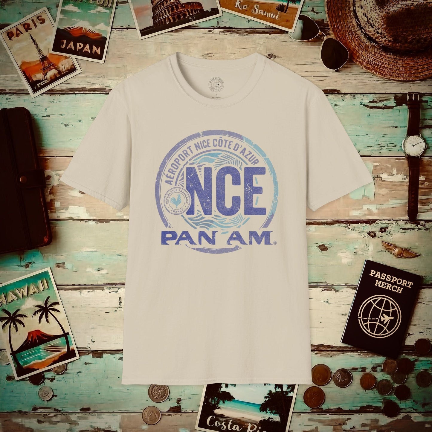 Pan Am NCE, Nice, France Vintage Airport Code (OFFICIAL) T-Shirt Sand / S