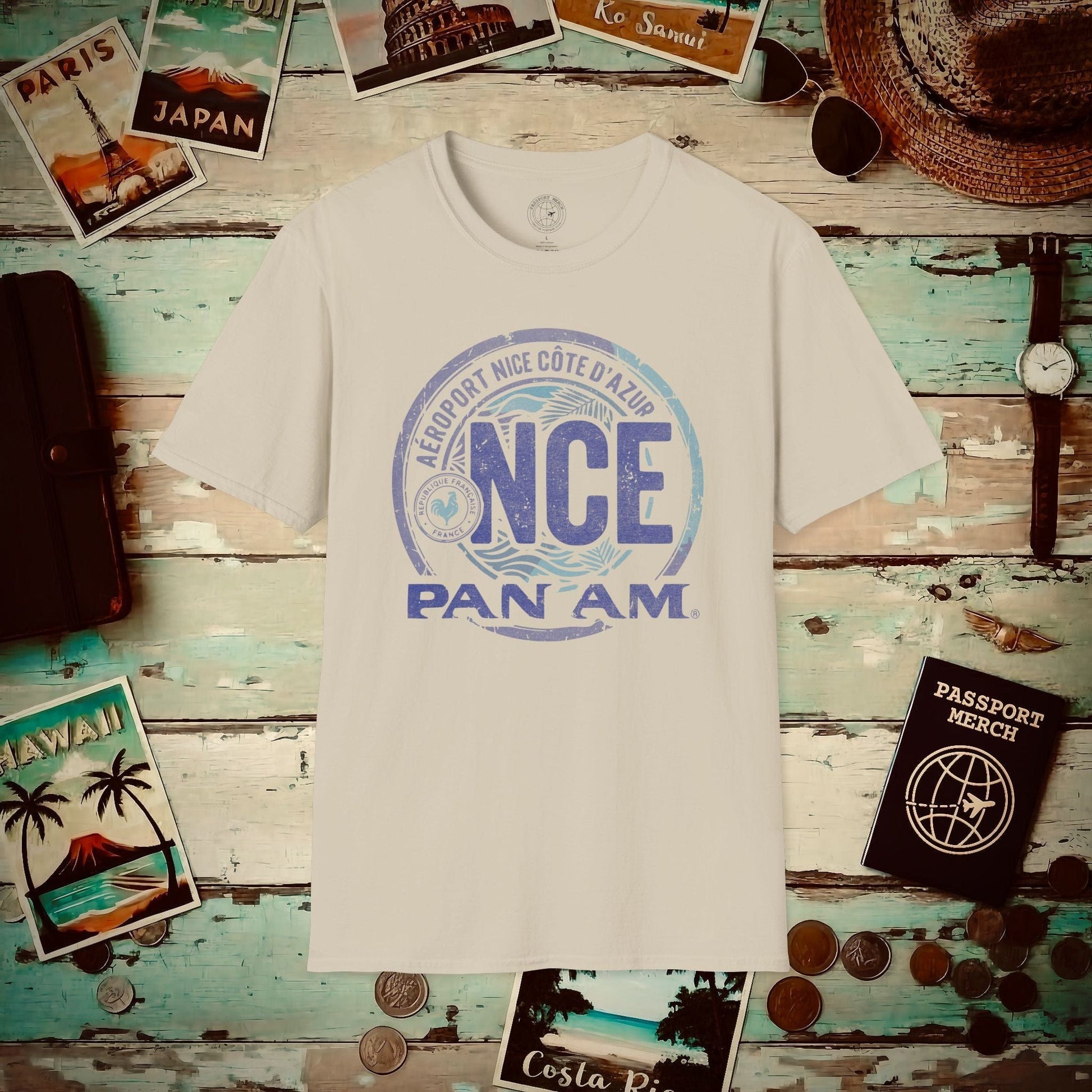 Pan Am NCE, Nice, France Vintage Airport Code (OFFICIAL) T-Shirt Sand / S