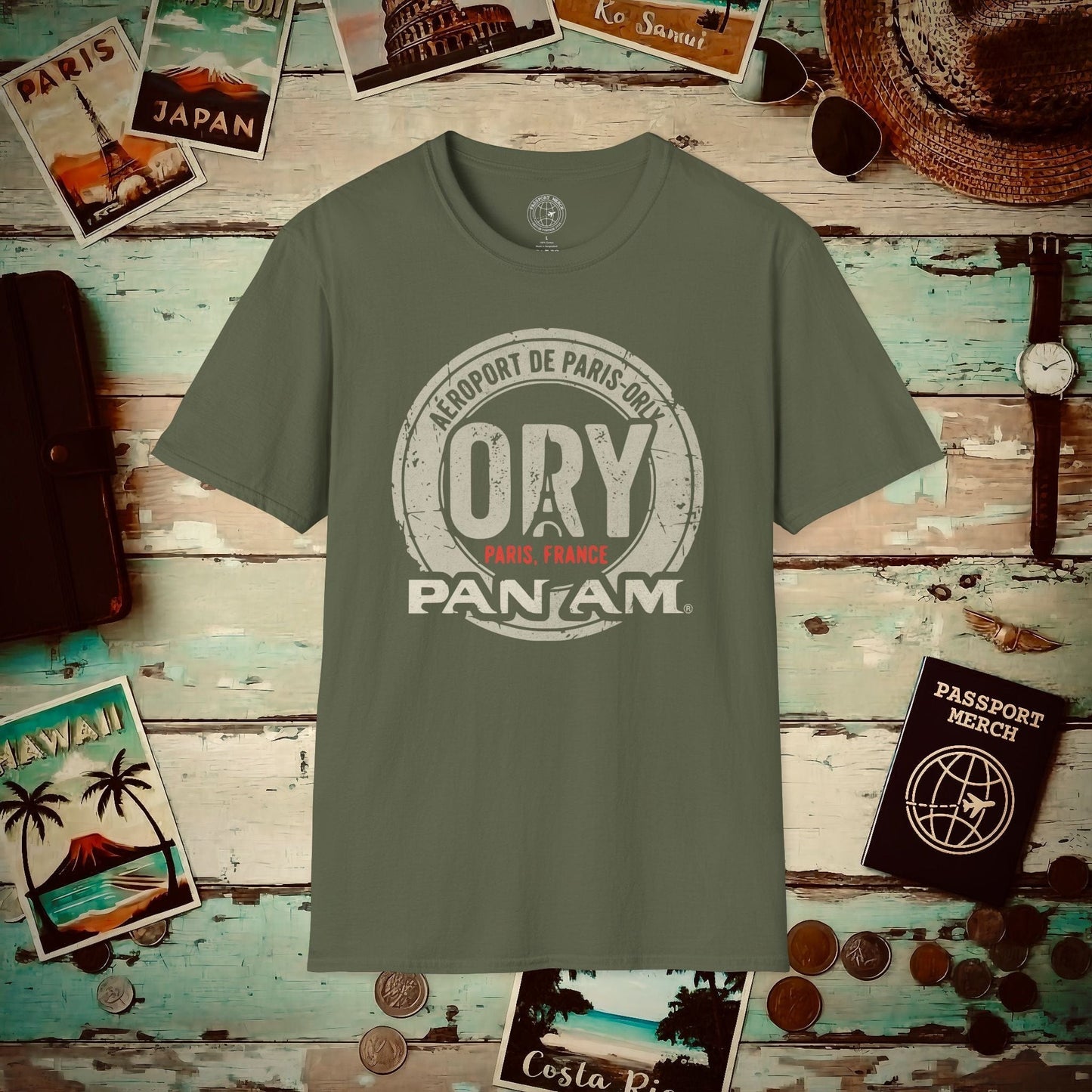 Pan Am ORY, Paris, France Vintage Airport Code (OFFICIAL) T-Shirt Military Green / S
