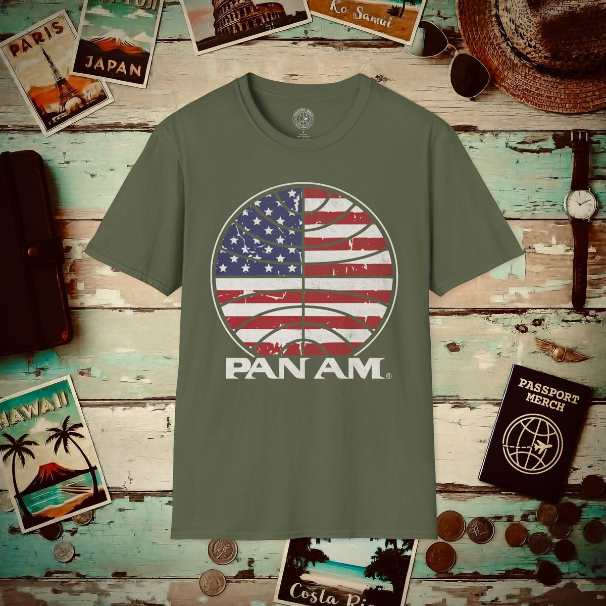 Pan Am Vintage Stars & Stripes (OFFICIAL) T-Shirt Military Green / S