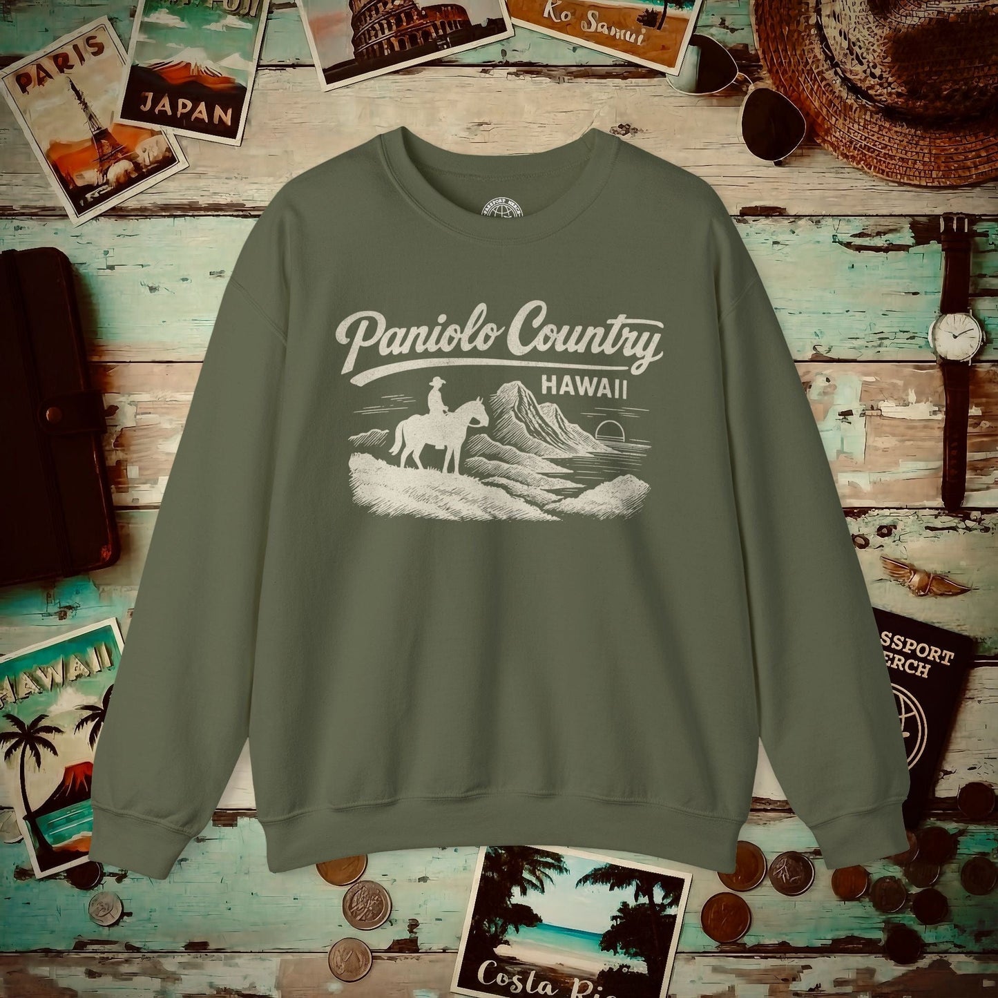 Paniolo Country Vintage Monochrome, Hawaii Crewneck Military Green / S