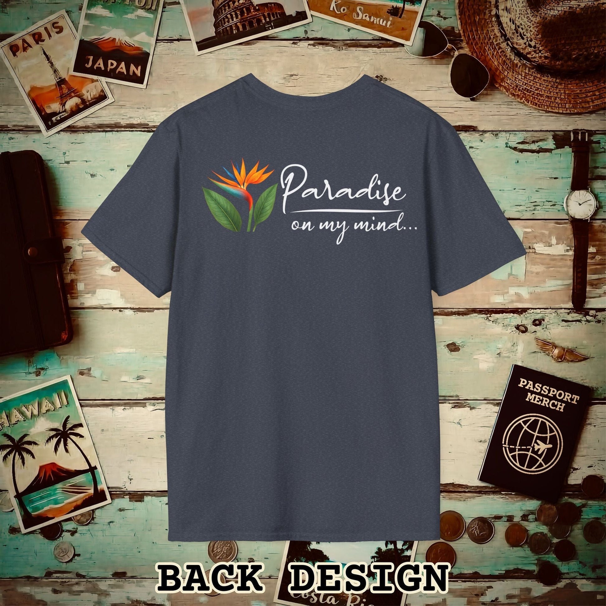 Paradise on My Mind, Hawaii, Back Print T-Shirt Heather Navy / S