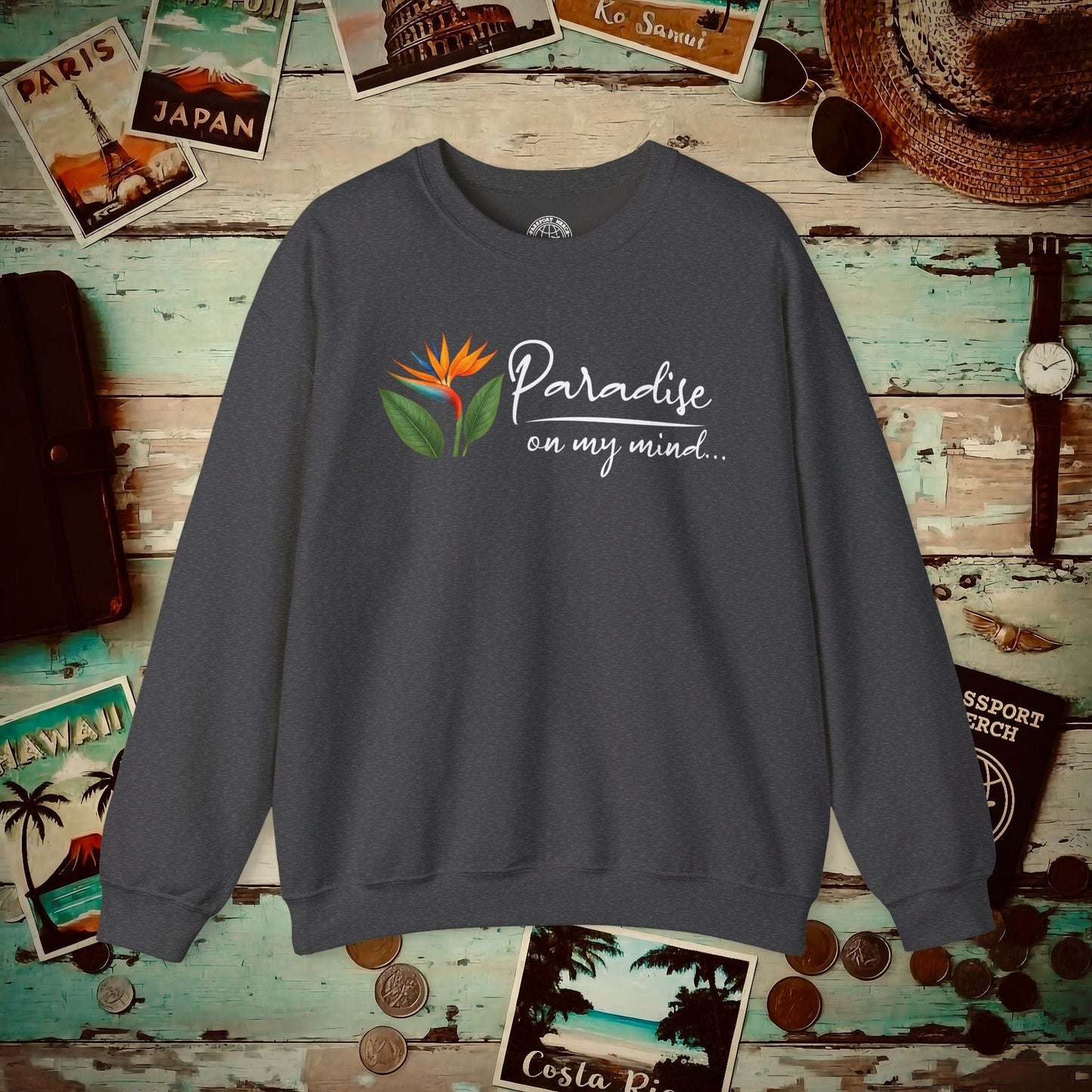 Paradise on My Mind, Hawaii Crewneck Dark Heather / S