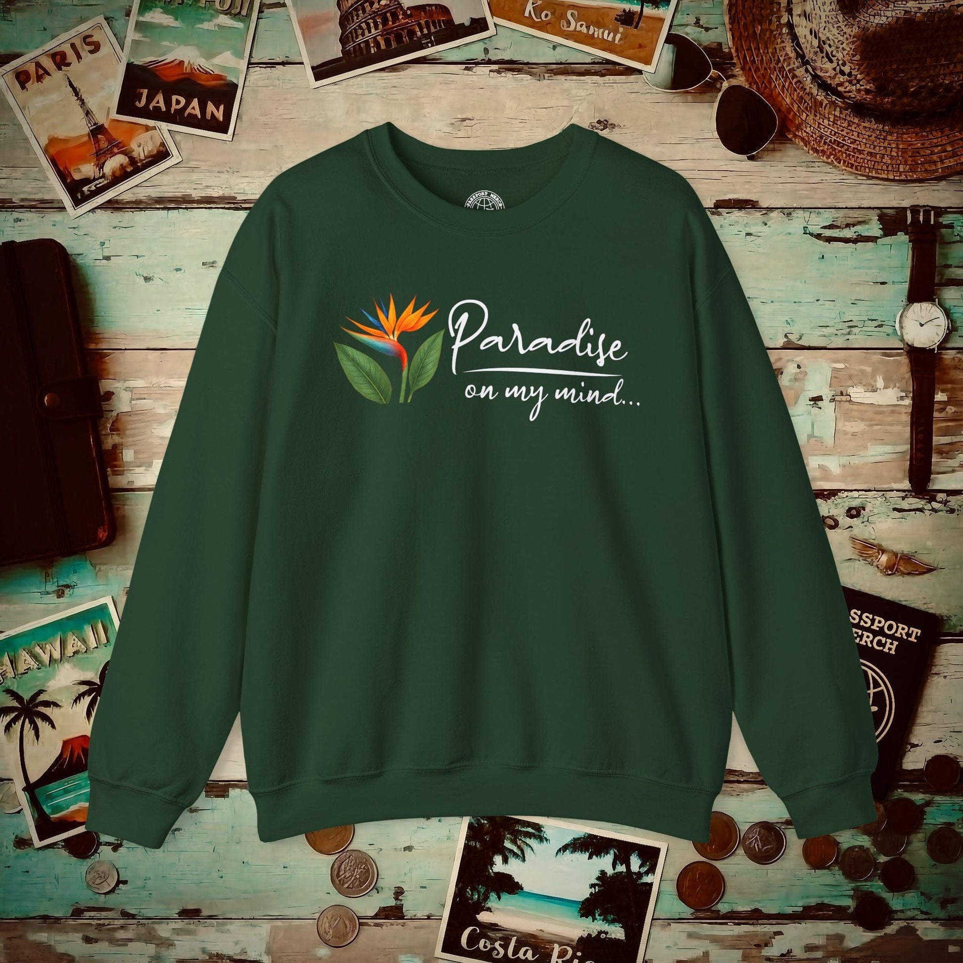 Paradise on My Mind, Hawaii Crewneck Forest Green / S