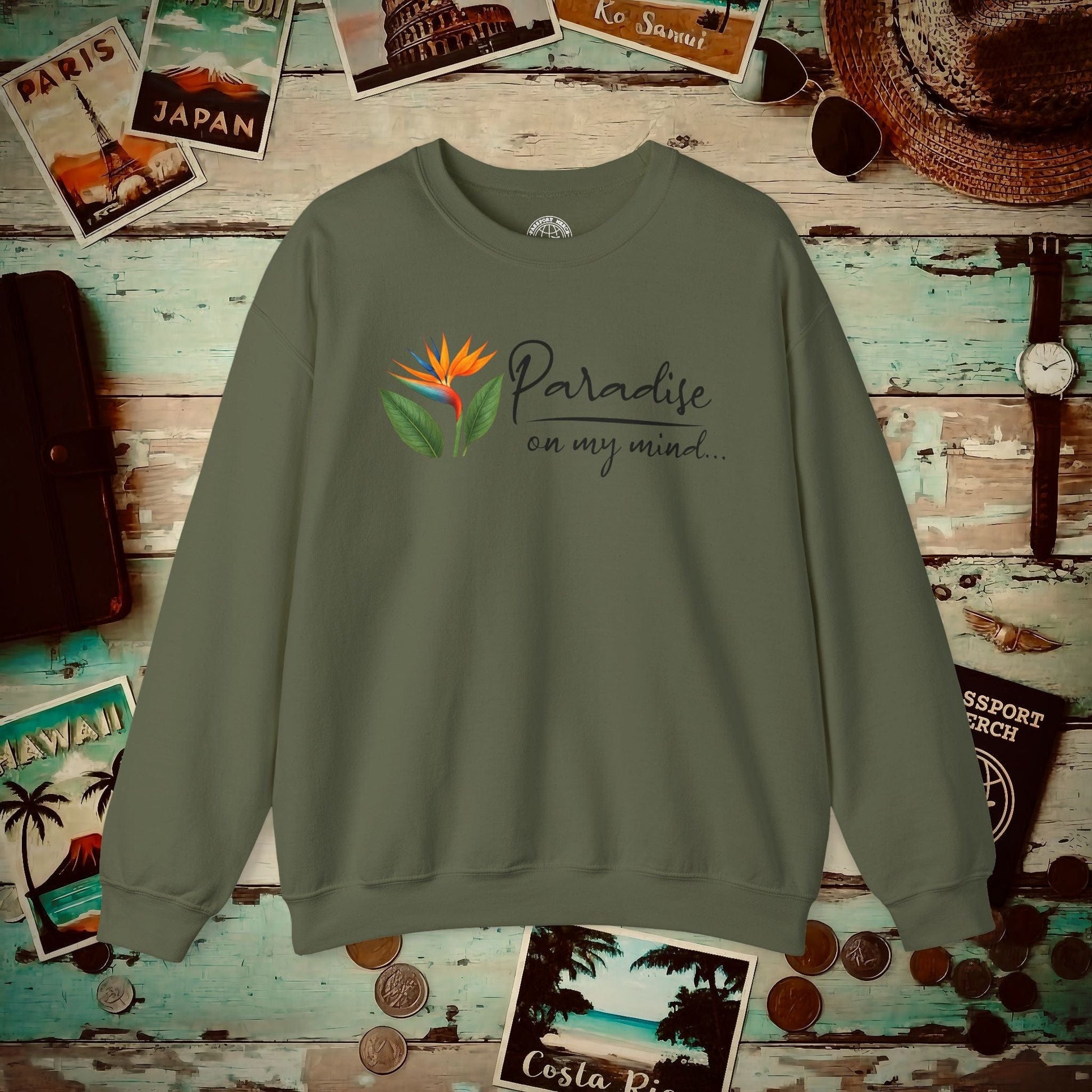 Paradise on My Mind, Hawaii Crewneck Military Green / S