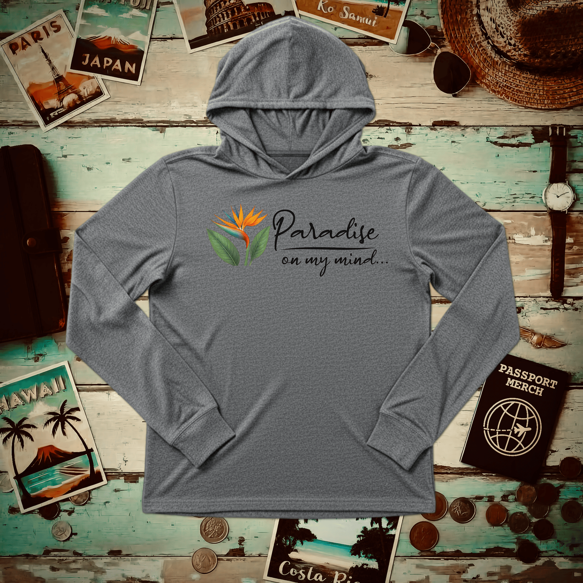 Paradise on My Mind, Hawaii Hooded Long Sleeve Grey TriBlend / XS