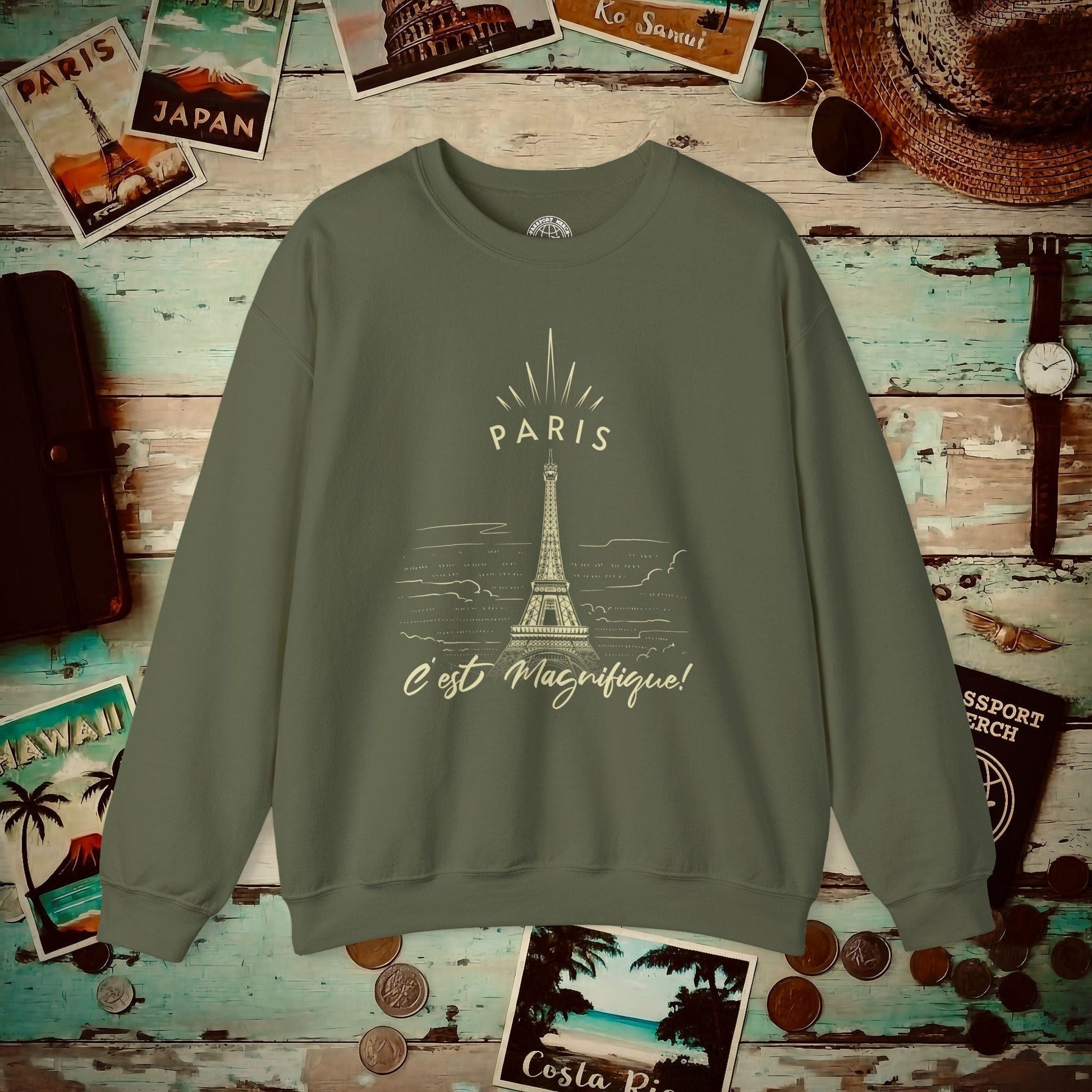 Paris C'est Magnifique France Crewneck Military Green / S