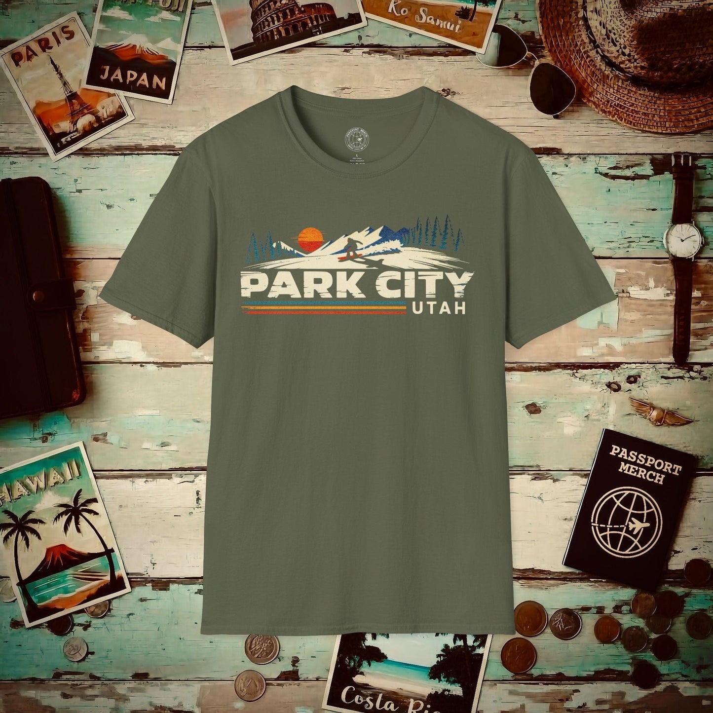 Park City Utah - Vibrant Ski Retro T-Shirt Military Green / S