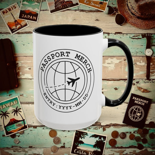 Passport Merch, Entry YYYY-MM-DD Brand Logo 15oz Mug Black / 15oz