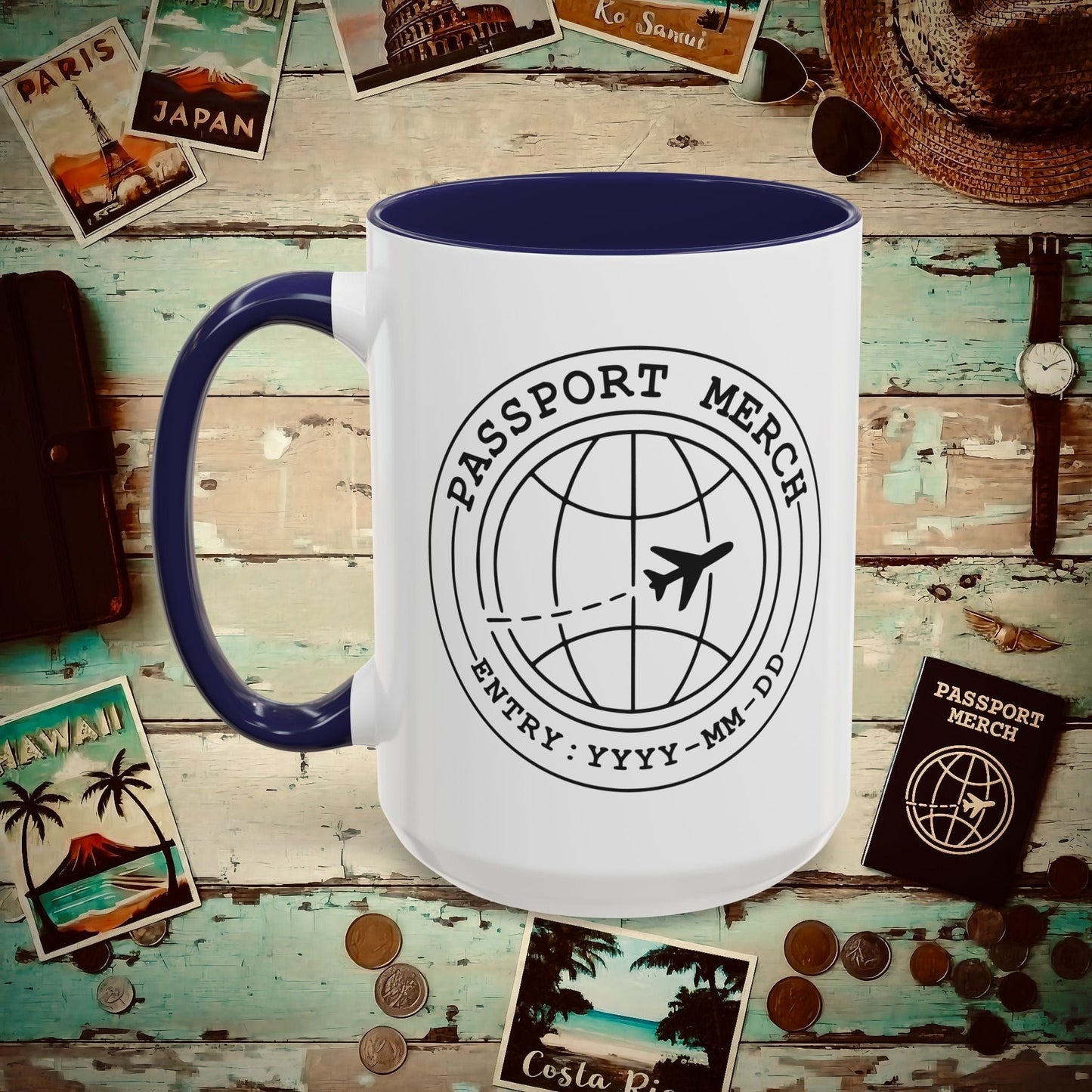 Passport Merch, Entry YYYY-MM-DD Brand Logo 15oz Mug Navy / 15oz