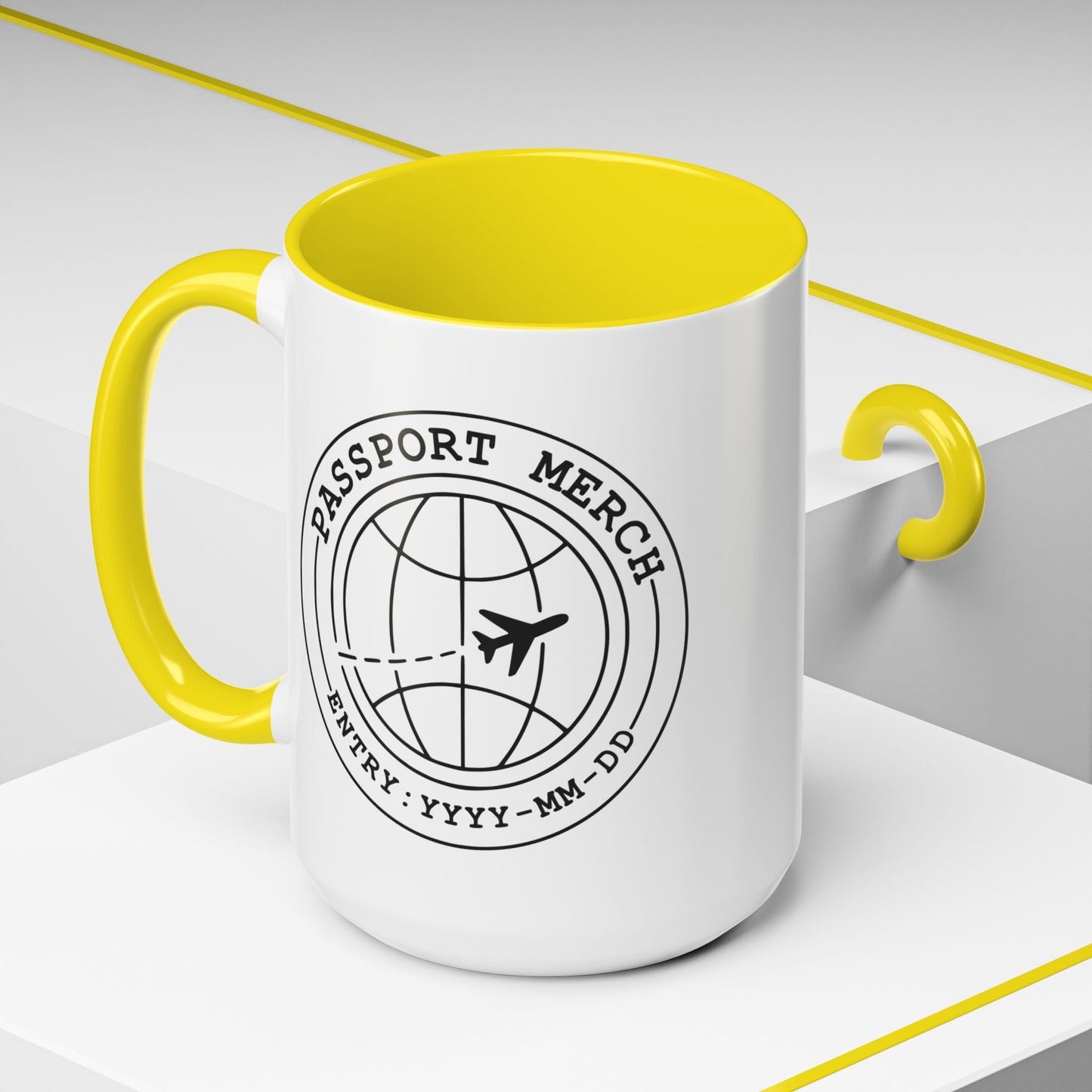 Passport Merch, Entry YYYY-MM-DD Brand Logo 15oz Mug Yellow / 15oz