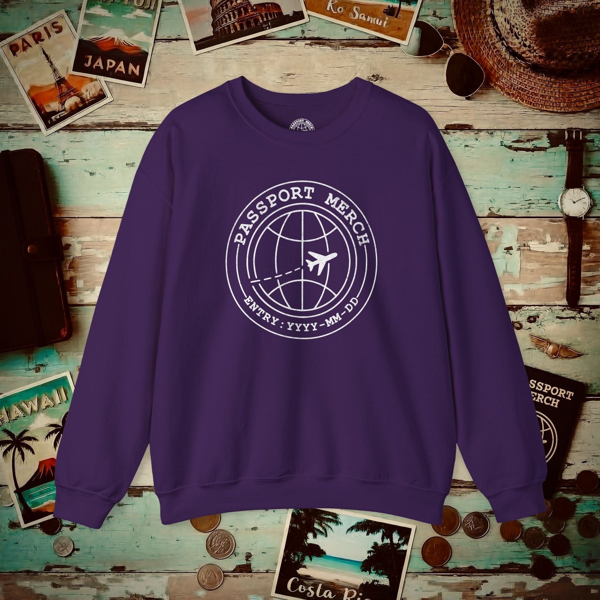 Passport Merch, Entry YYYY-MM-DD Brand Logo Crewneck Purple / S