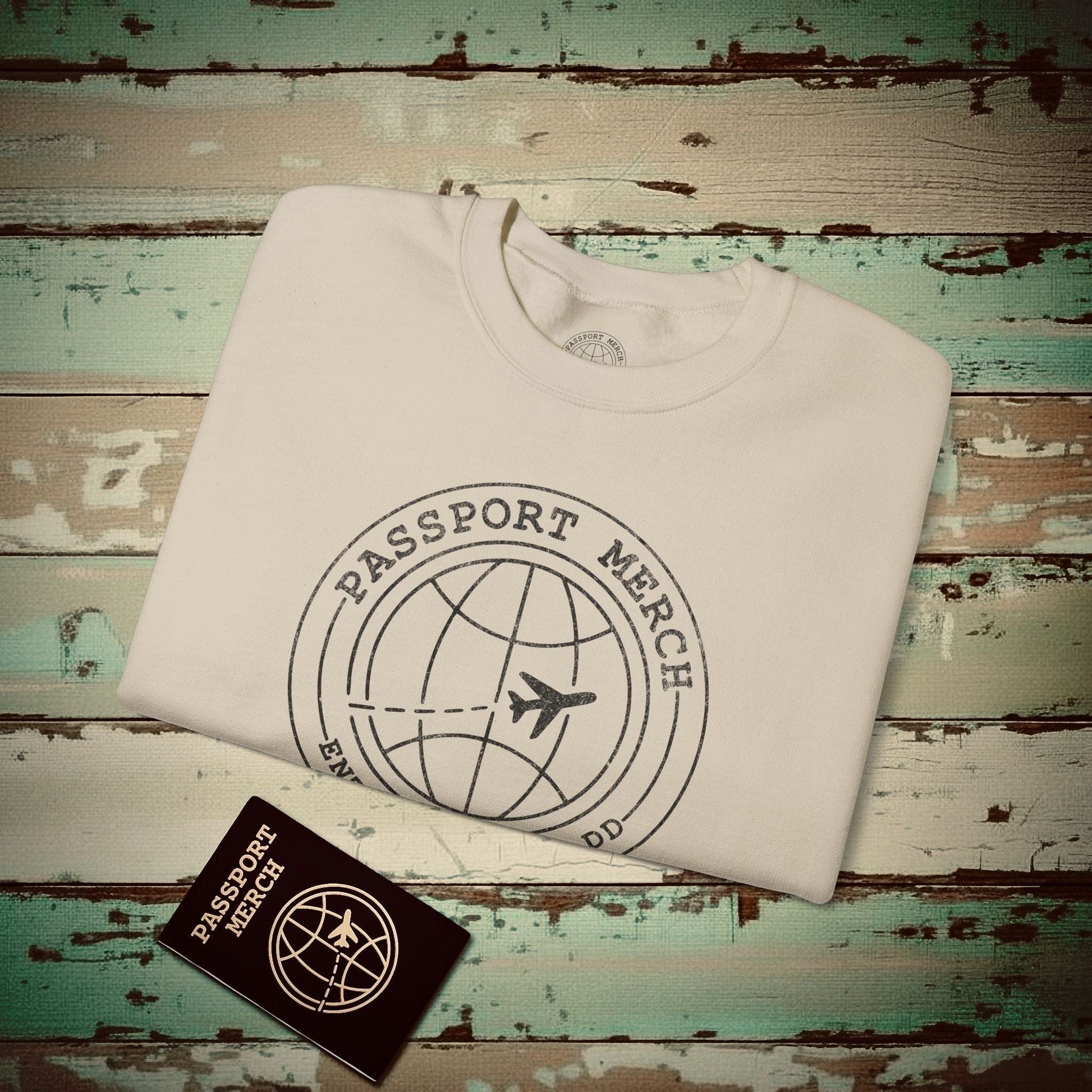 Passport Merch, Entry YYYY-MM-DD Brand Logo Crewneck Sand / S