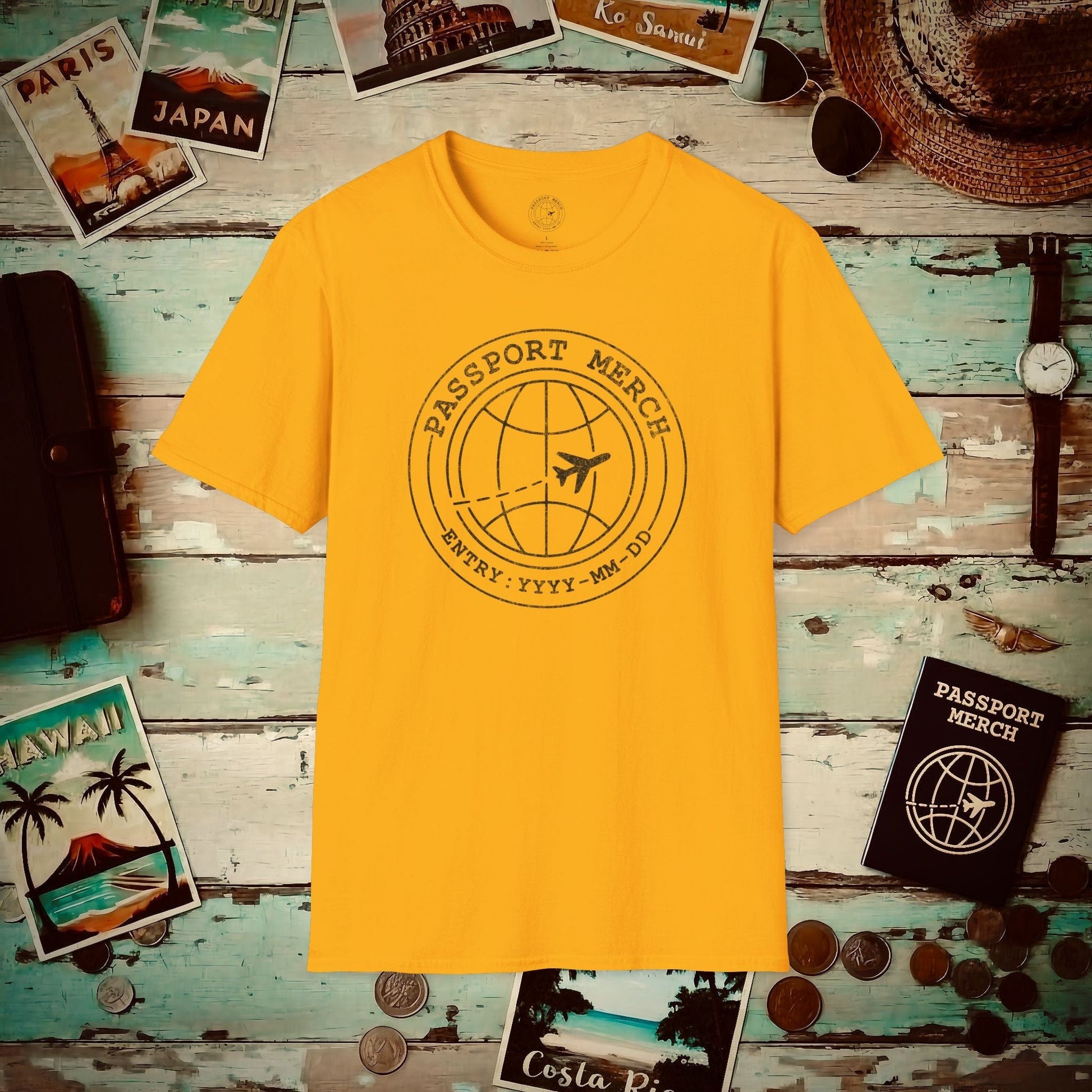 Passport Merch, Entry YYYY-MM-DD Brand Logo T-Shirt Gold / S