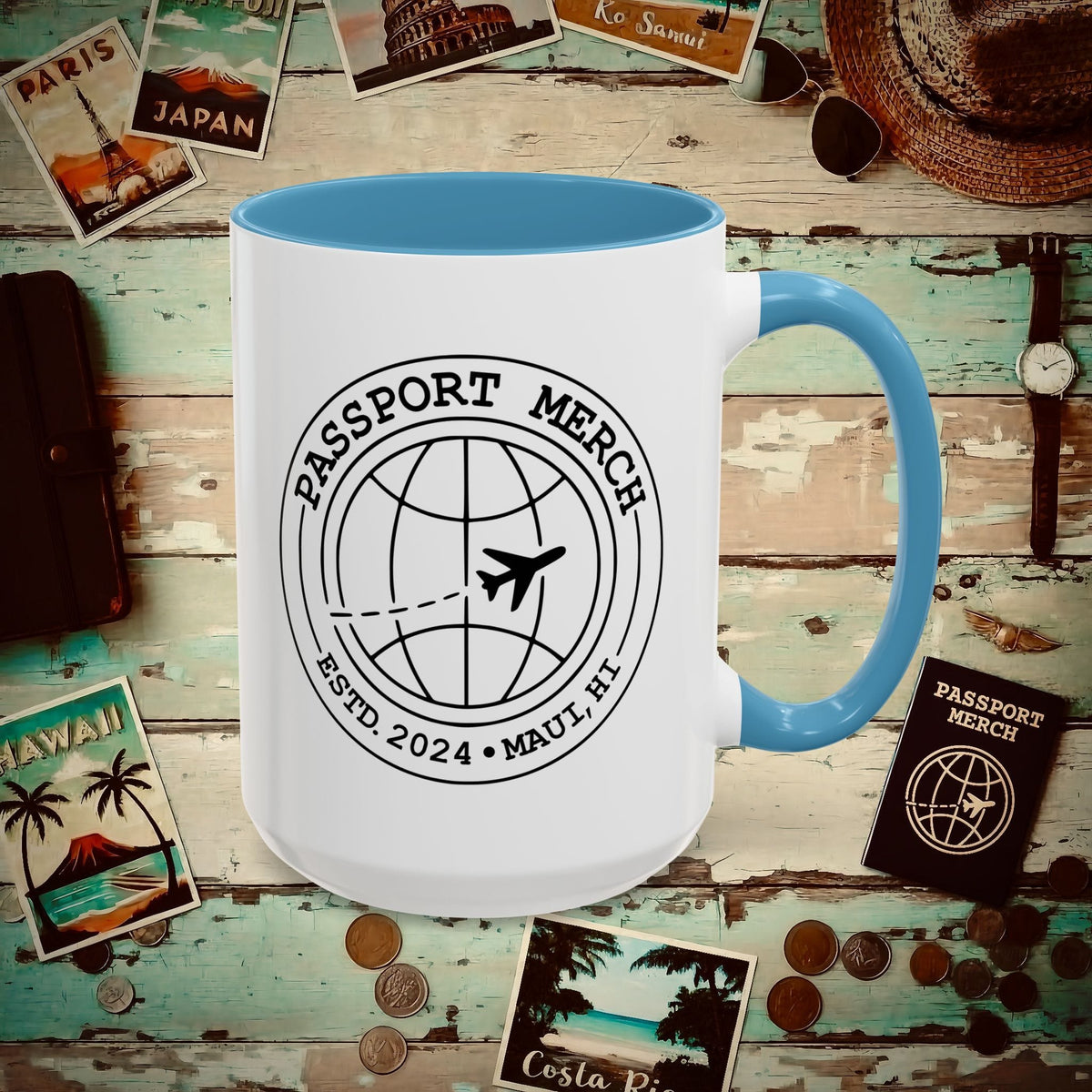 Passport Merch, Estd. 2024, Maui, HI 15oz Mug 15oz / Light Blue