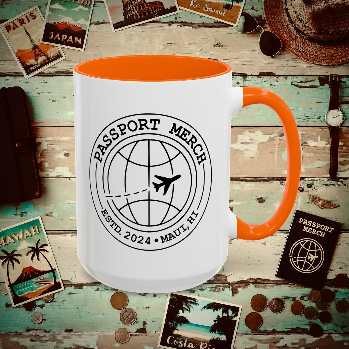 Passport Merch, Estd. 2024, Maui, HI 15oz Mug 15oz / Orange