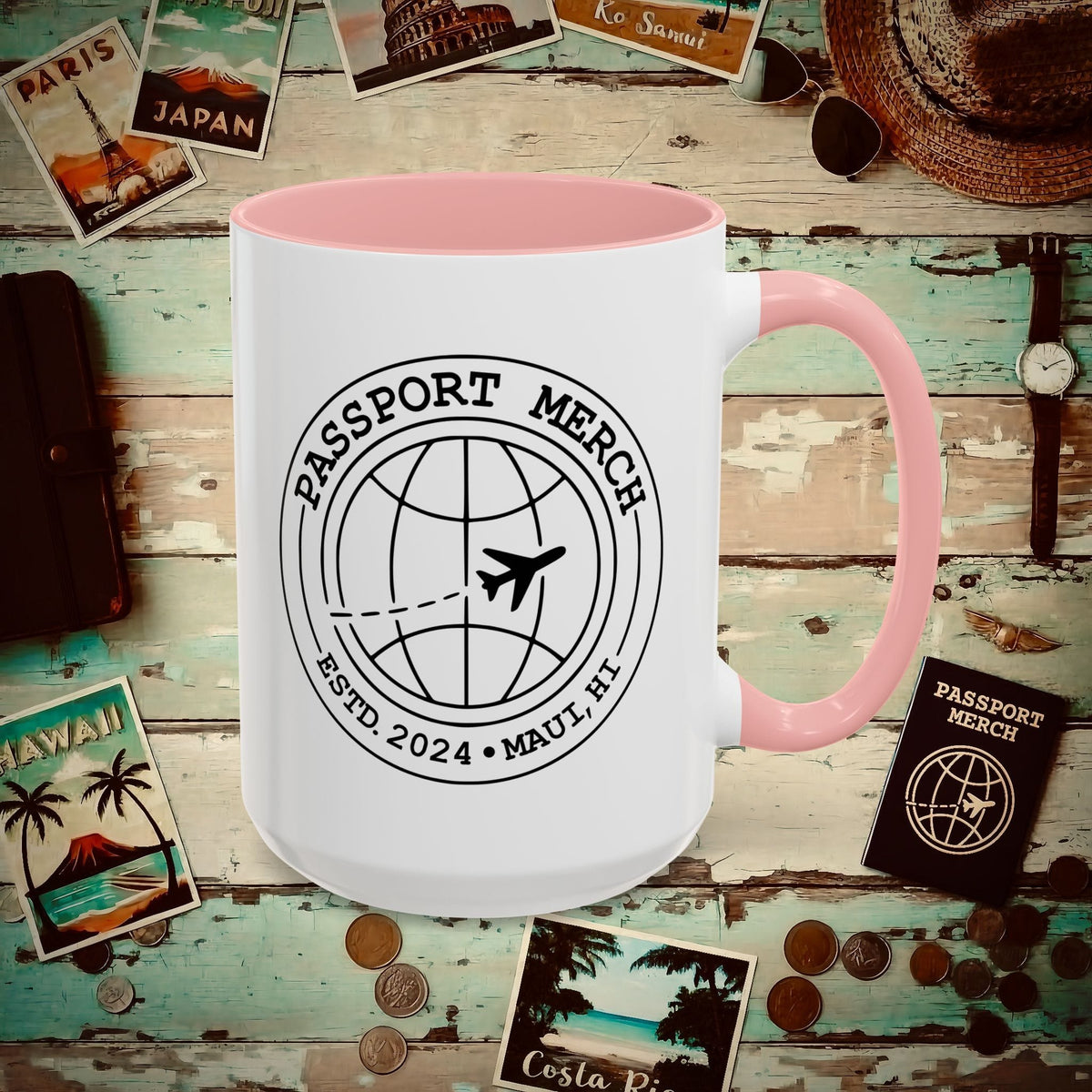 Passport Merch, Estd. 2024, Maui, HI 15oz Mug 15oz / Pink
