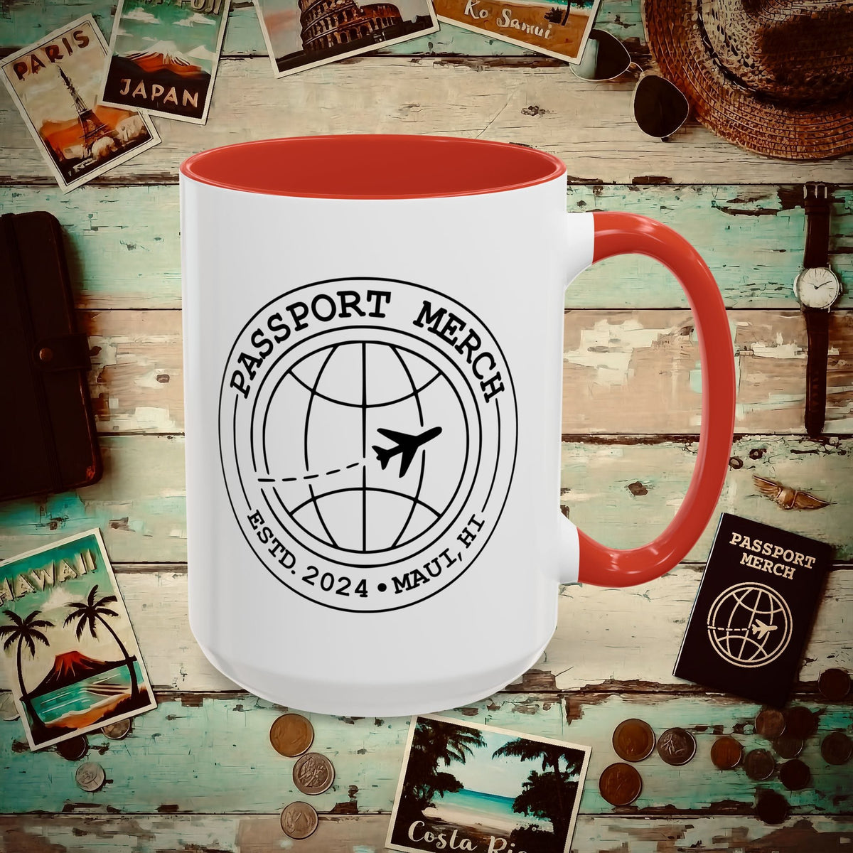 Passport Merch, Estd. 2024, Maui, HI 15oz Mug 15oz / Red
