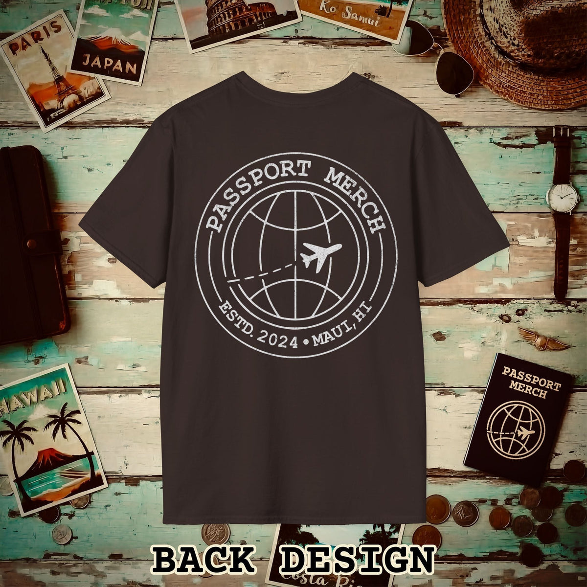 Passport Merch, Estd. 2024, Maui, HI Back Print T-Shirt Dark Chocolate / S