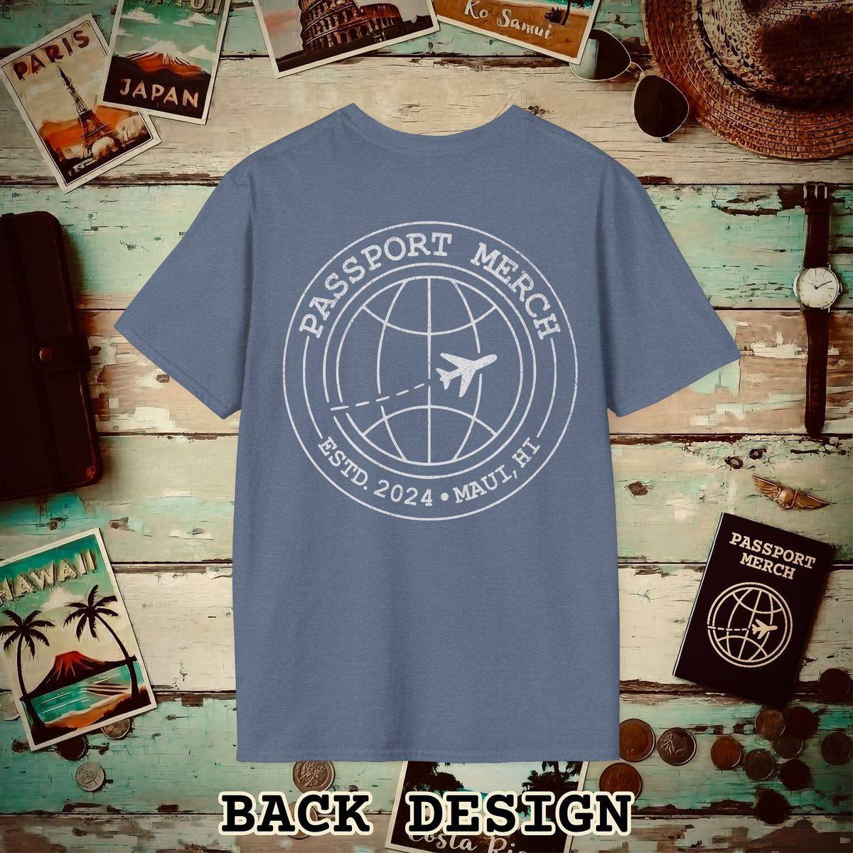 Passport Merch, Estd. 2024, Maui, HI Back Print T-Shirt Heather Indigo / S