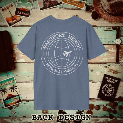 Passport Merch, Estd. 2024, Maui, HI Back Print T-Shirt Heather Indigo / S
