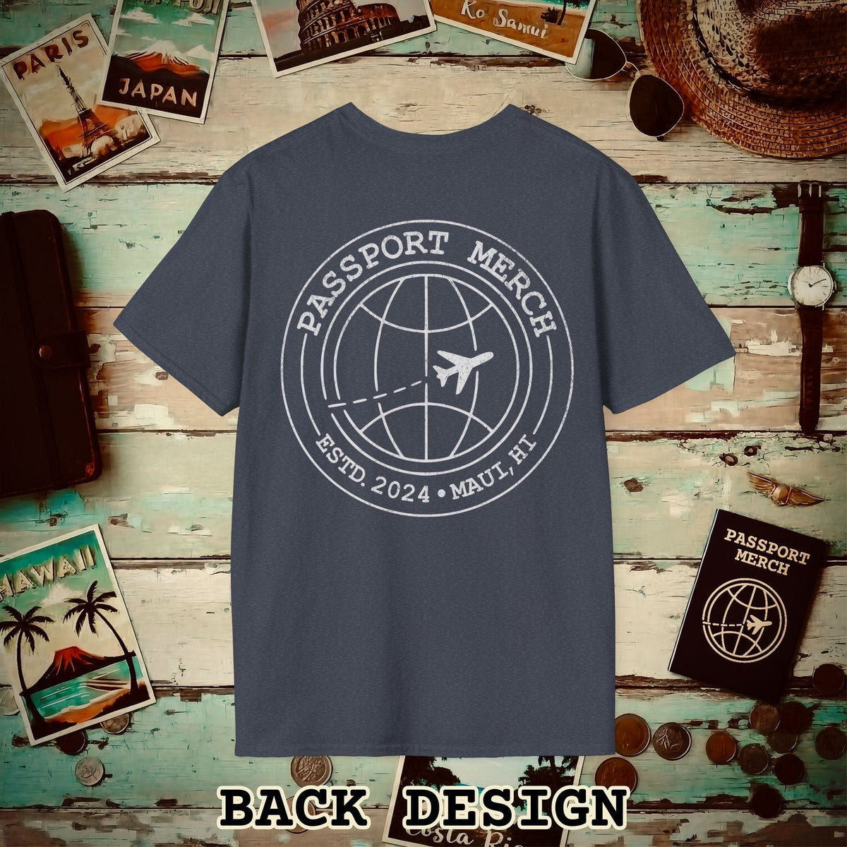 Passport Merch, Estd. 2024, Maui, HI Back Print T-Shirt Heather Navy / S