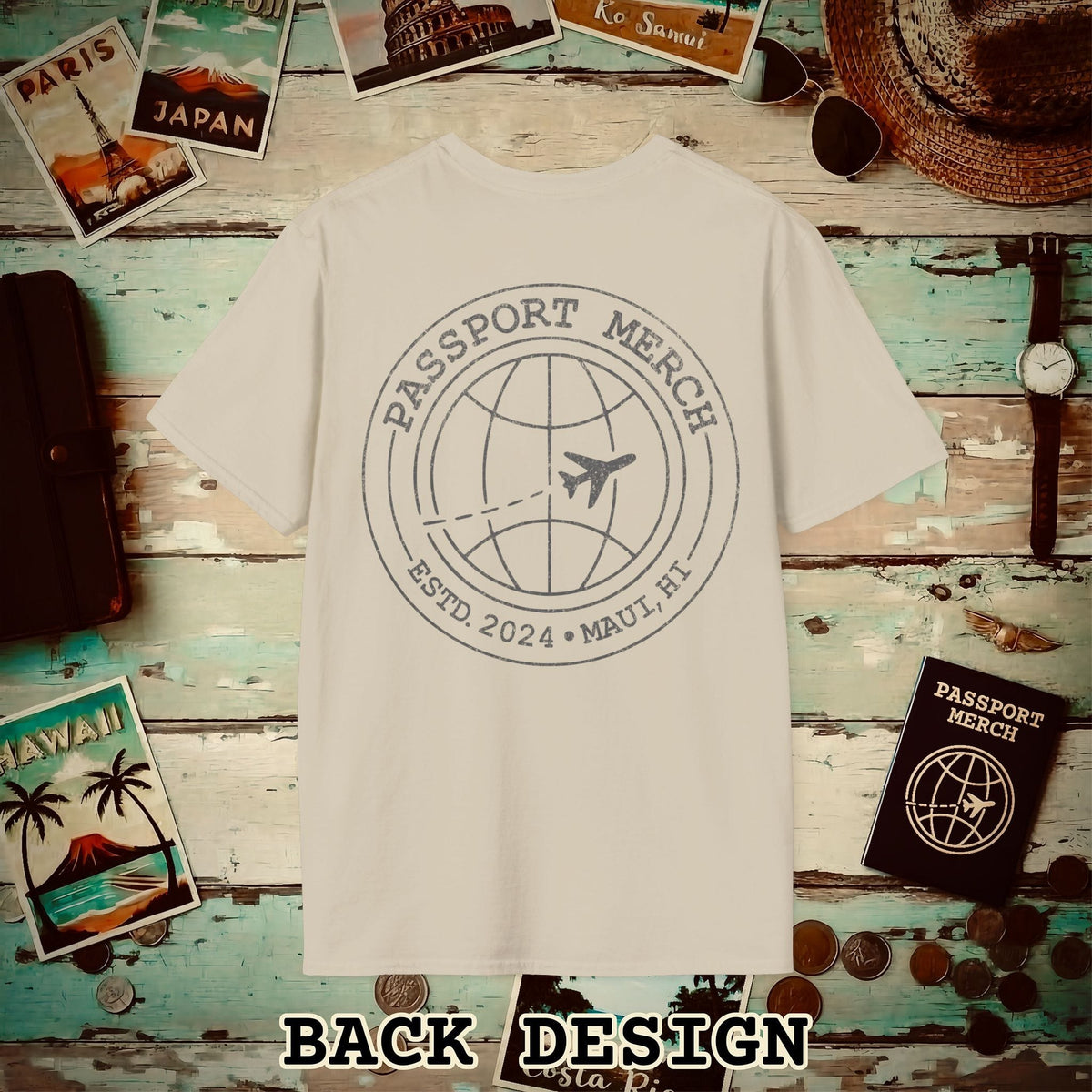 Passport Merch, Estd. 2024, Maui, HI Back Print T-Shirt Sand / S