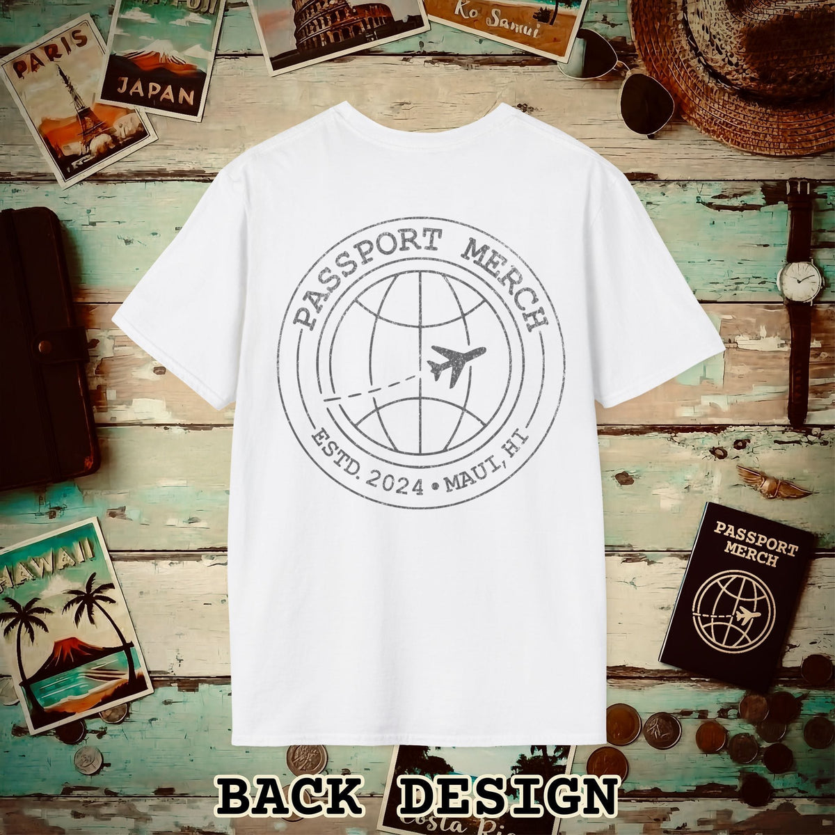 Passport Merch, Estd. 2024, Maui, HI Back Print T-Shirt White / S